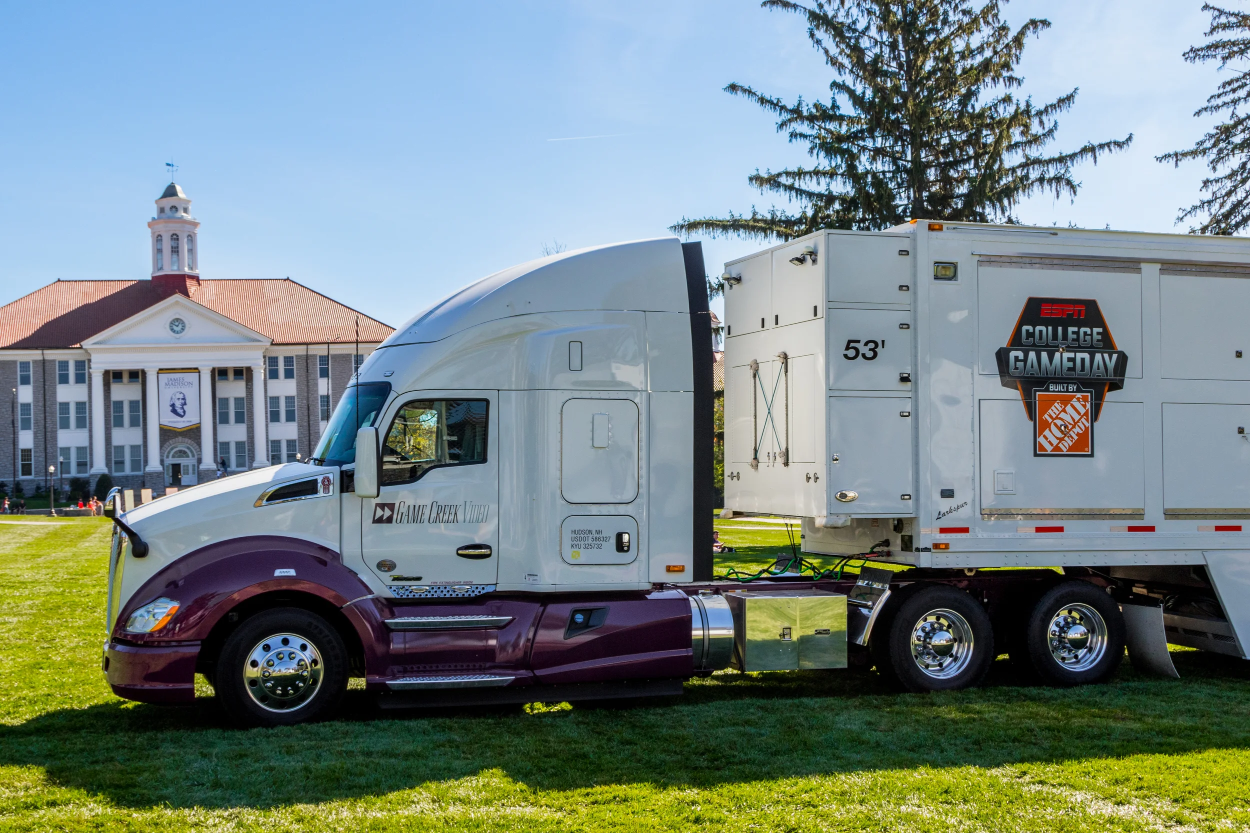 At 9am on Wednesday morning, five 18 wheelers pull up onto James Madison University's campus. All of them are labeled with a distinct logo. ESPN's College GameDay is here. 