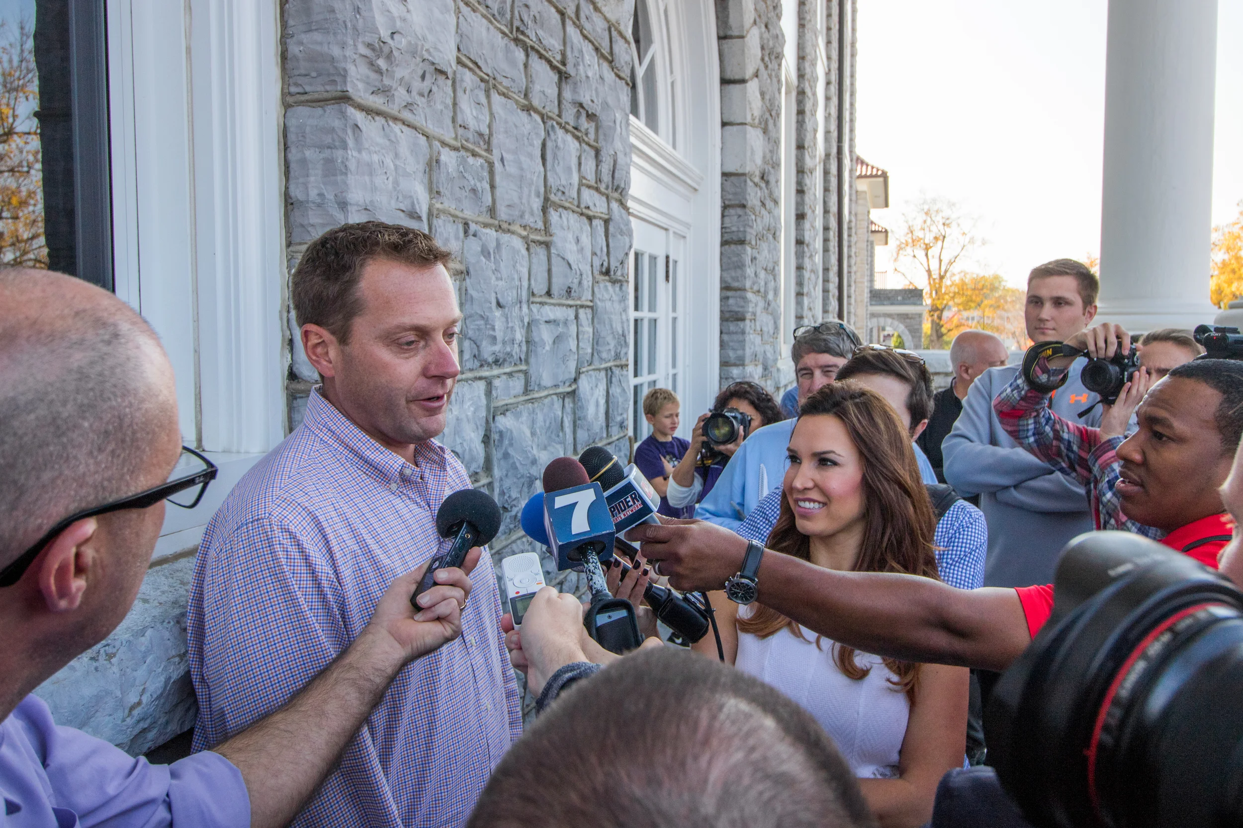 On Friday morning, working media is invited to a press conference on the steps of Wilson Hall. Lee Fitting fields questions about his connection to JMU and how it influenced GameDay's decision to visit the FCS school. 
