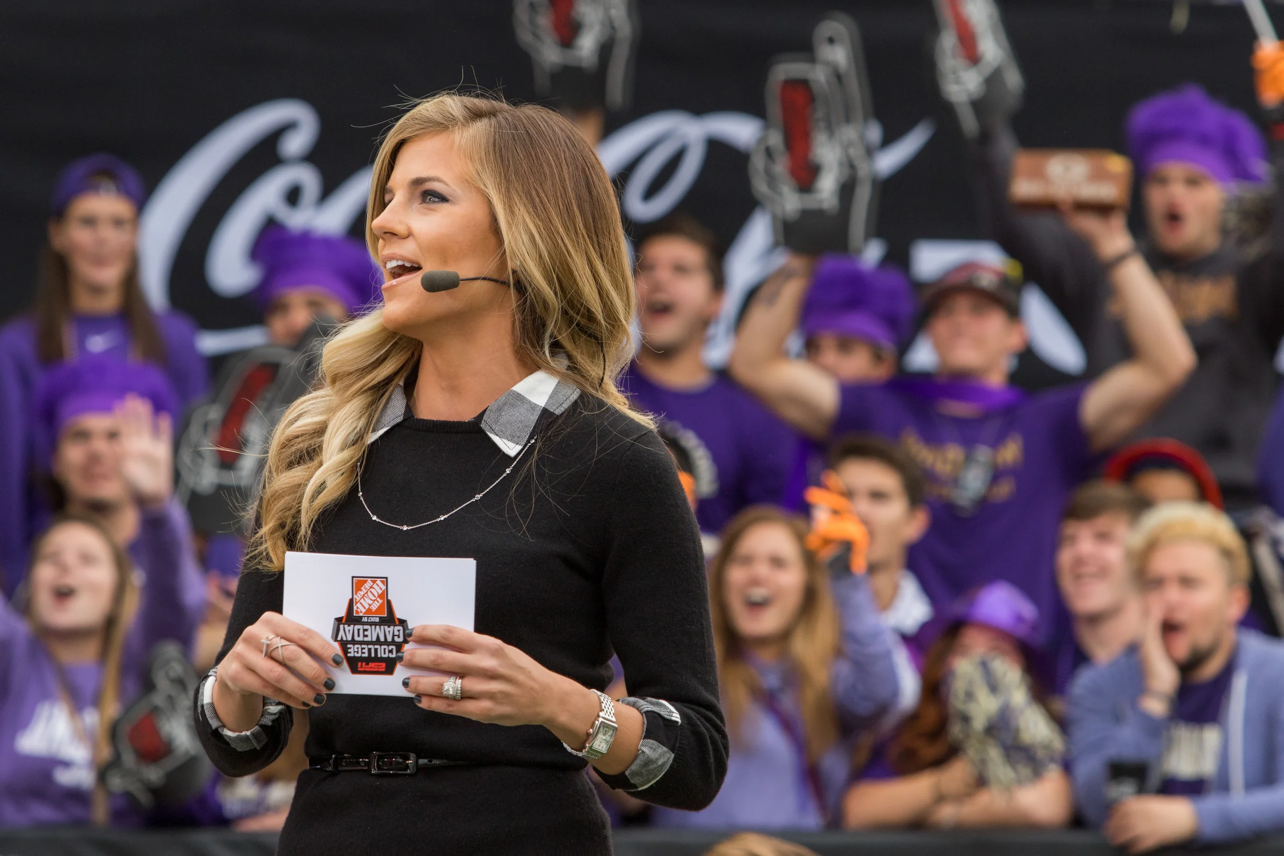 Sam Ponder -ESPN analyst- begins her segment as students cheer in the background.