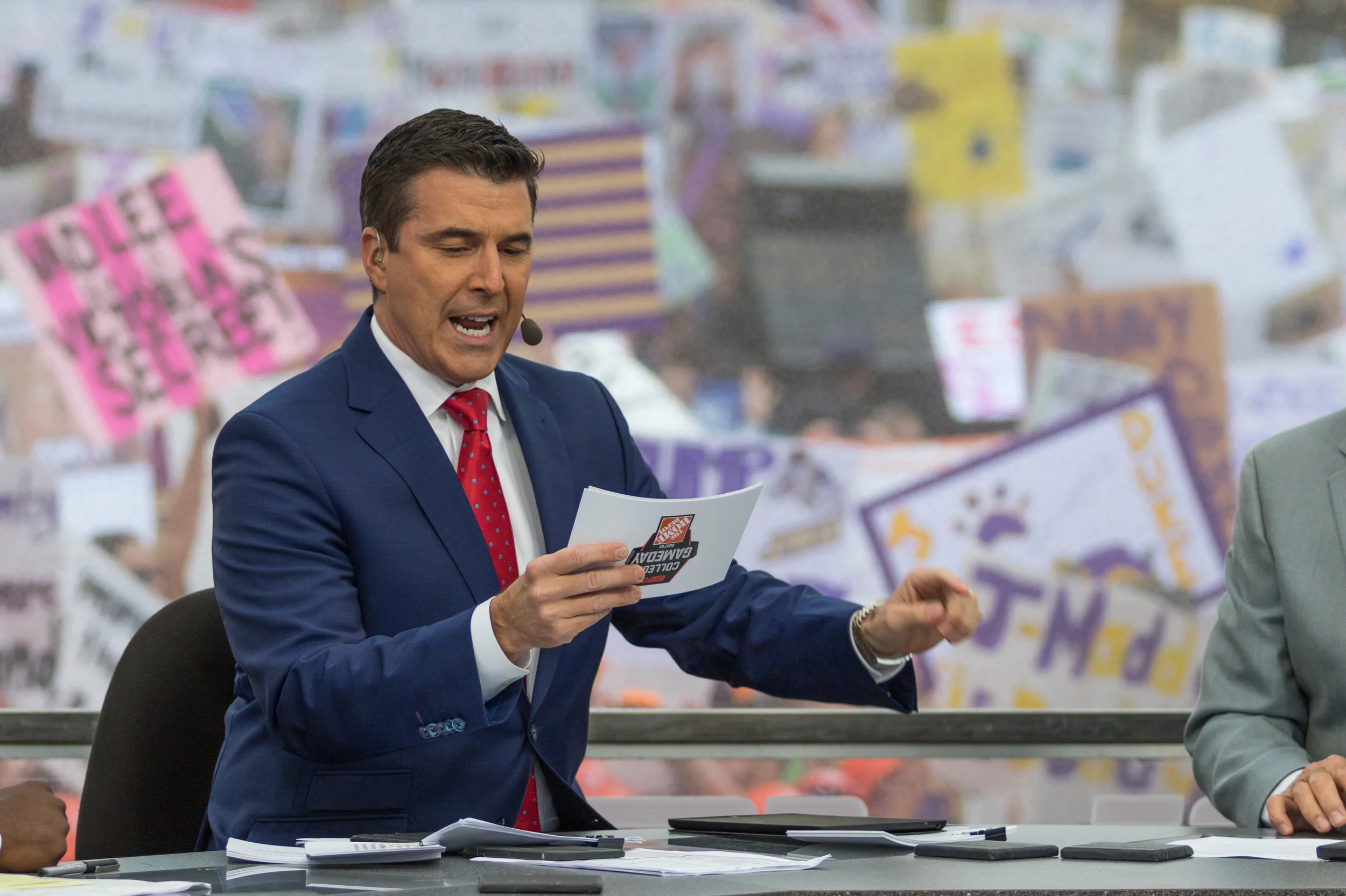 Rece Davis fires off statistics during the live broadcast.