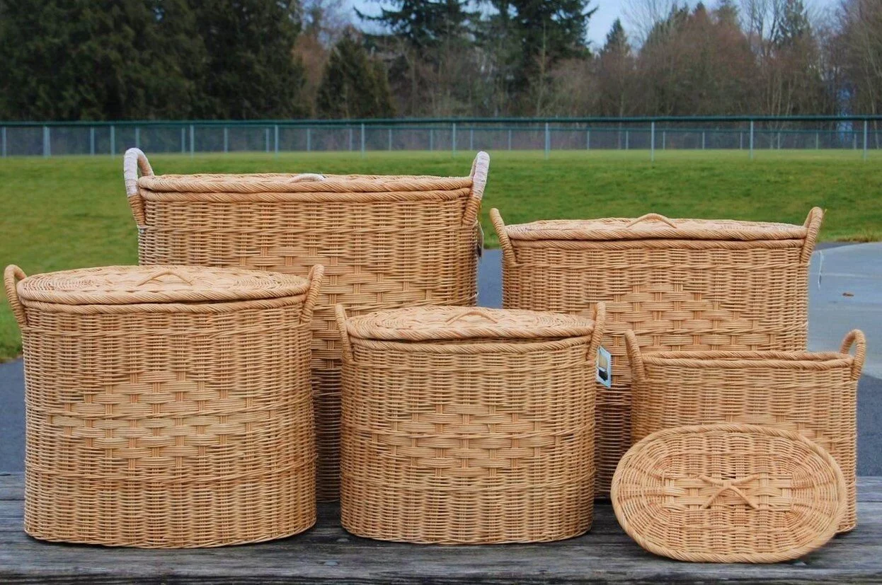 FREE SHIP Oval Sustainable Fair Trade Durable Rattan Storage Organizing Laundry Hampers With Lid; Handles 5 Size Set