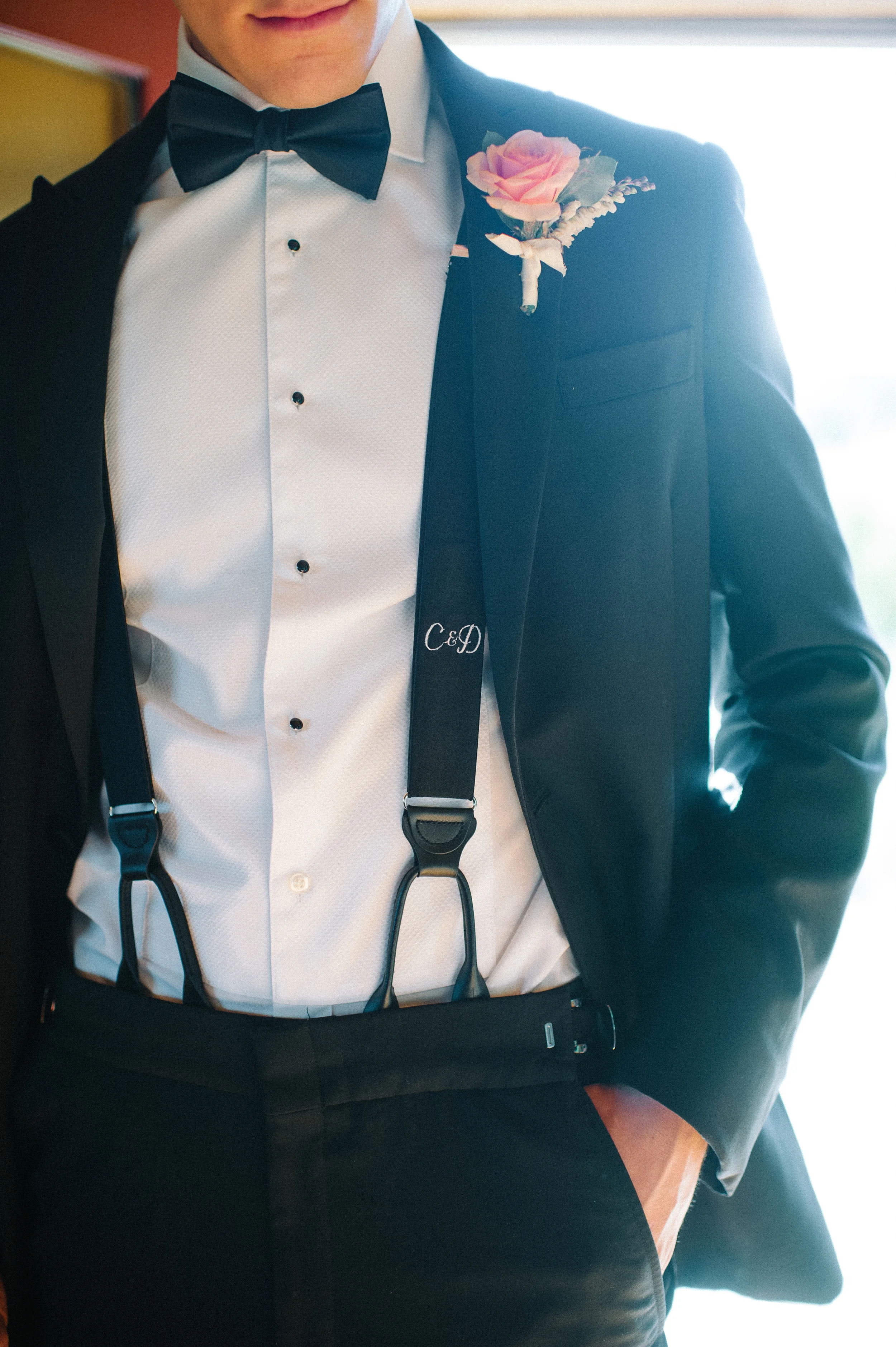Groom Tuxedo with Monogrammed Suspenders