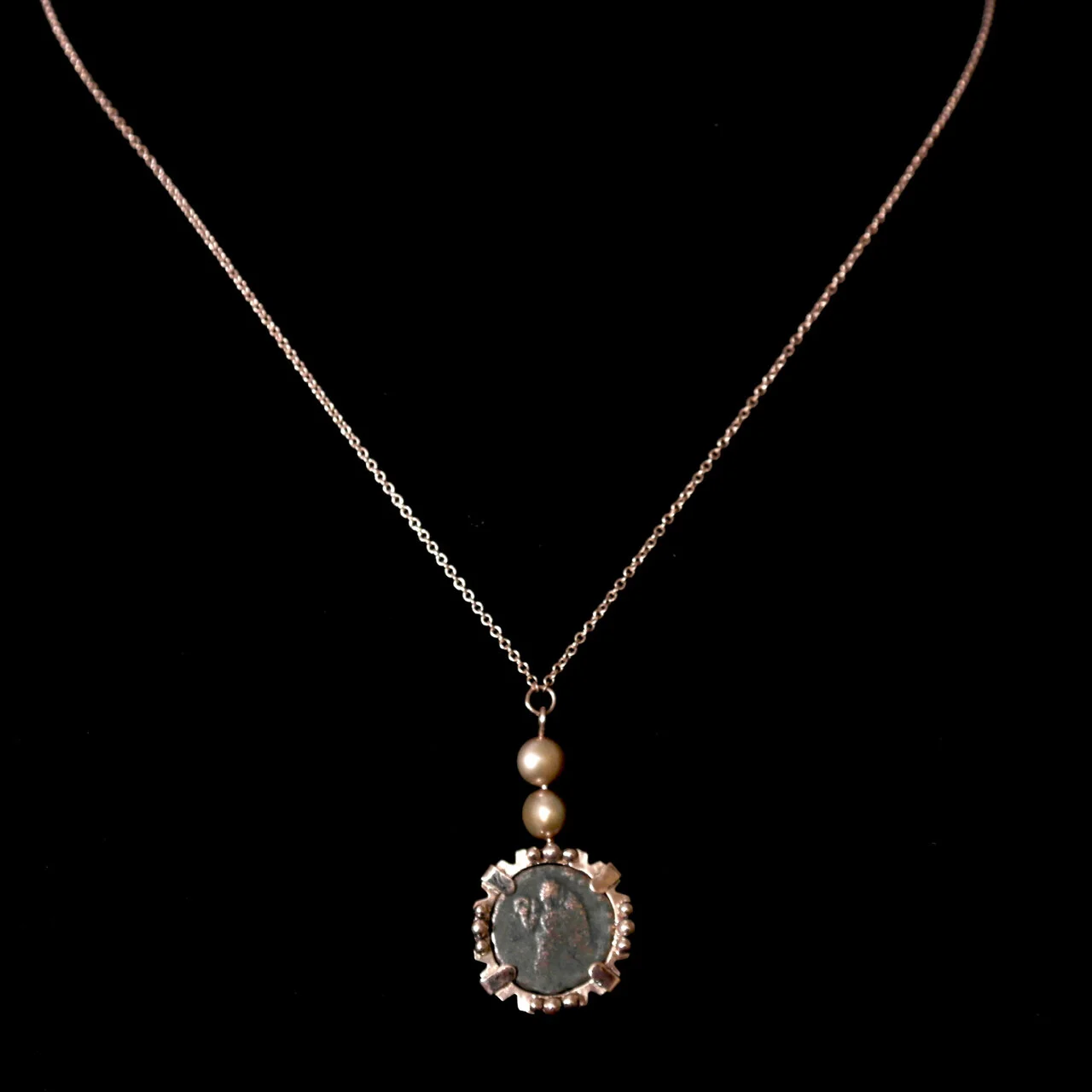 129-47 Rodney Allison 14k Rose Gold with Two Champagne Pearls and Constantine the Great Era Coin $1490.jpg