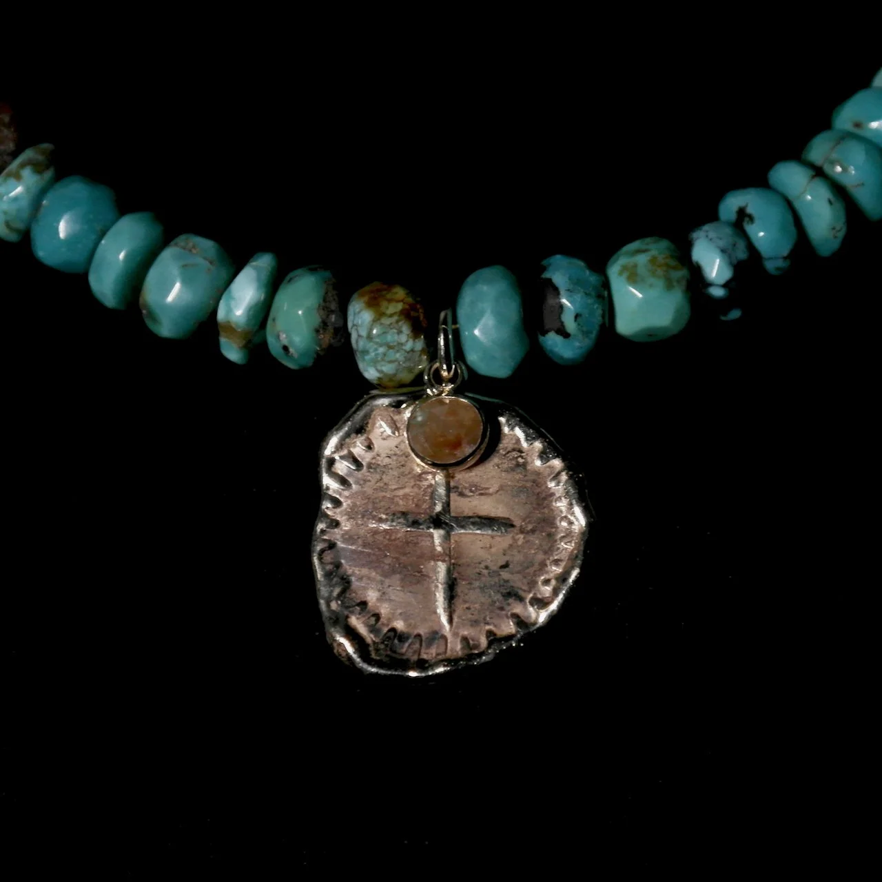 129-87 Rodney Allison 14k Yellow Gold Die Struck Cross with 1:2ct Rose Cut Diamond on Turquoise Beaded Necklace $2350-1.jpg