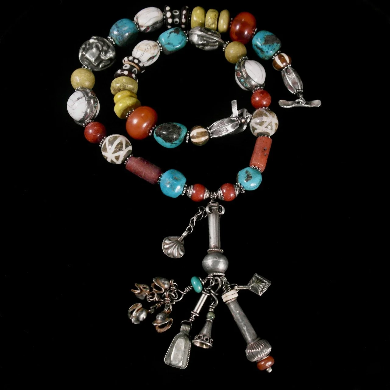 45-849 Margie Melby Ethnic Beads with Fine Silver and Charm Bracelet $695-Flat.jpeg