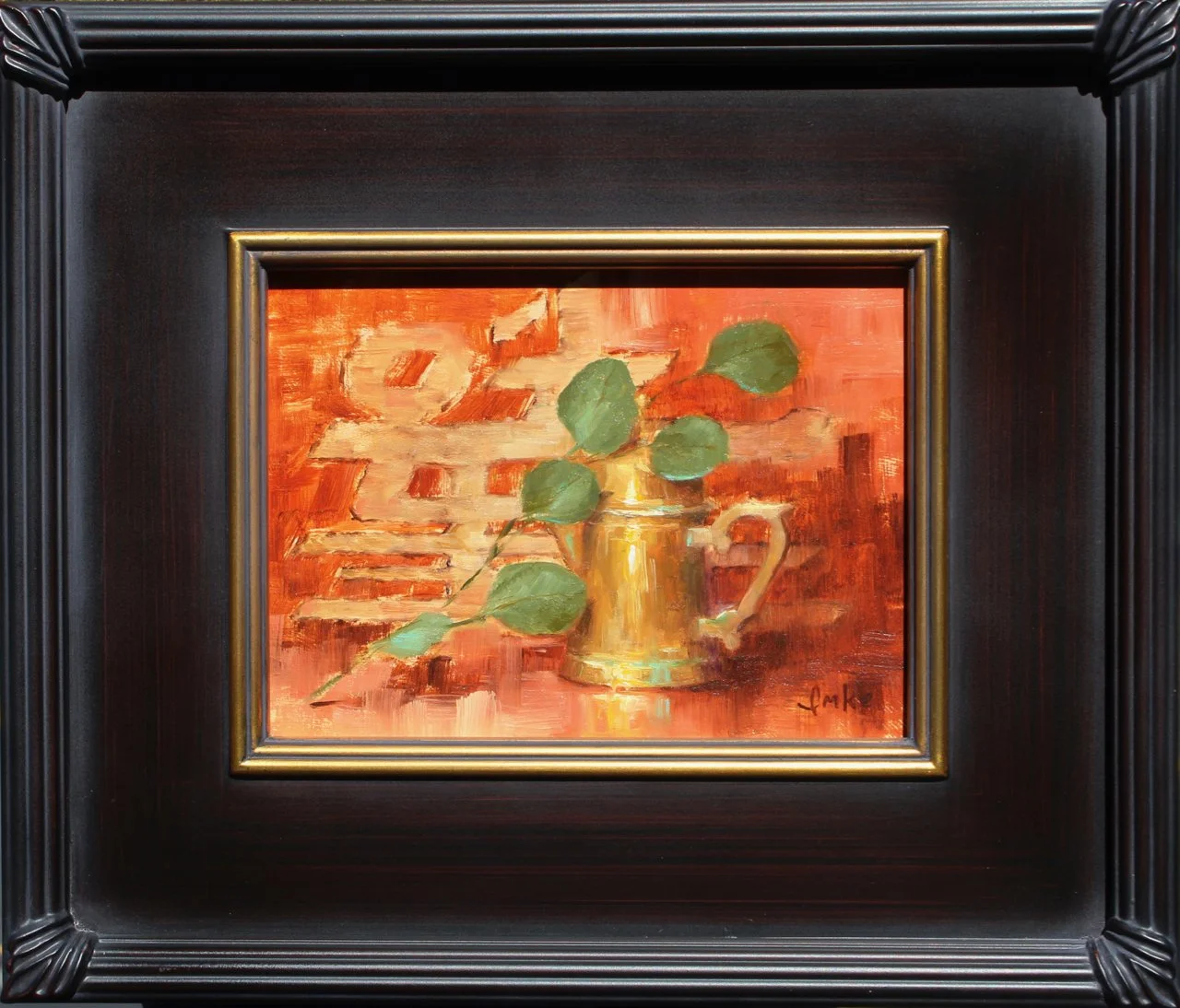 10-239 Denise Imke %22Brass Pitcher with Antique Rug%22 $650-framed.jpg