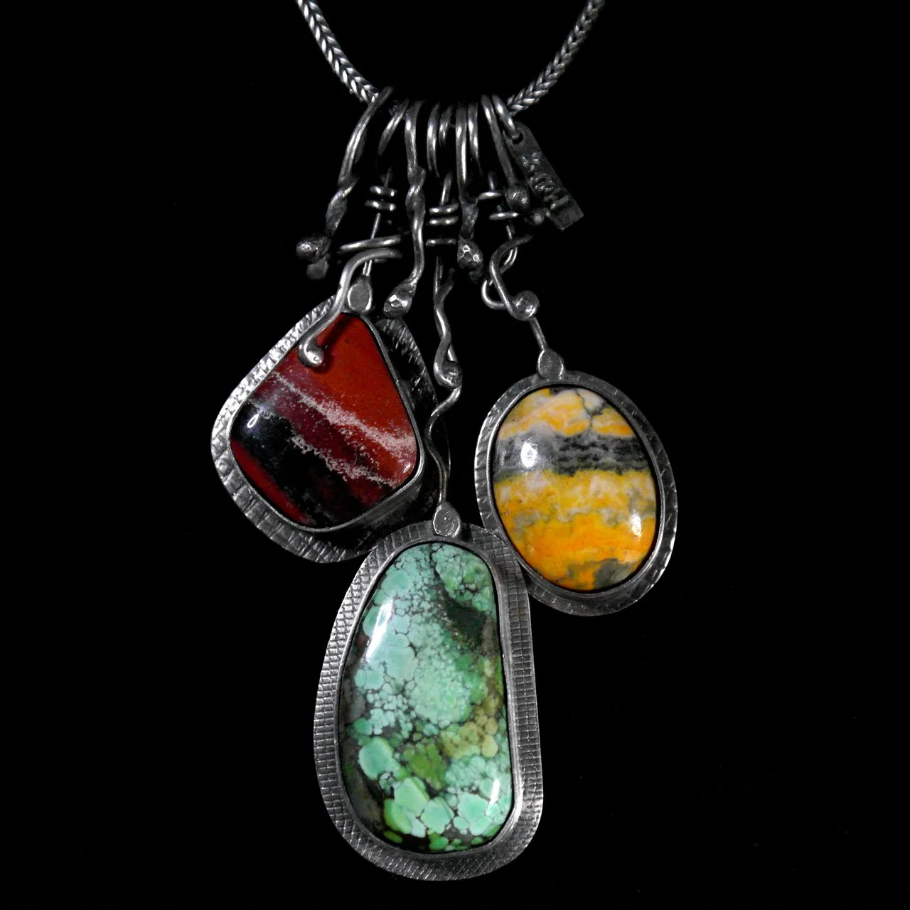 45-972 Margie Melby Fine Silver with Jasper, Bumble Bee Jasper, and Turquoise Thee Stone Necklace $495.jpg