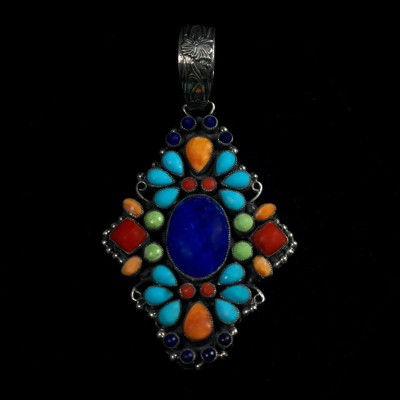 230-7 Leo Feeney Lapis, Sleeping Beauty Turquoise, Coral, Gaspeite, and Spiny Oyster Pendant $1150.jpeg