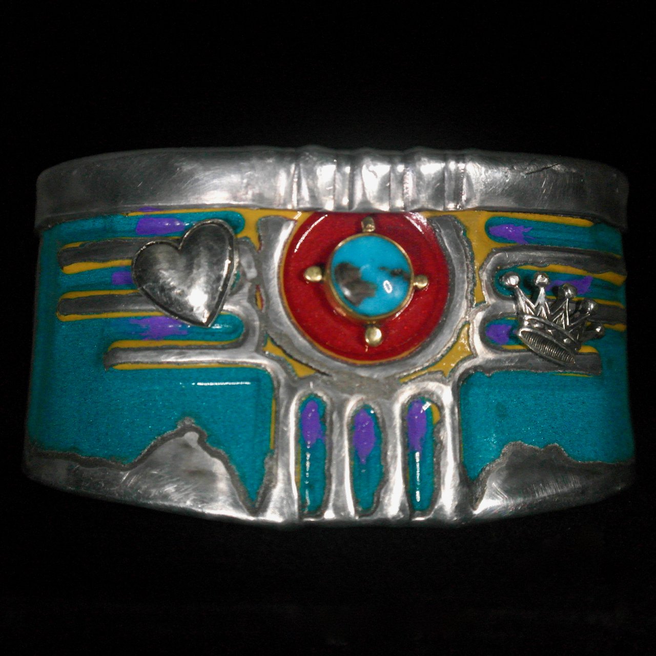 182-96 Kit Carson %22Bisbee Button%22 NM License Plate, Silver, 18-22k Gold, and Bisbee Turquoise Cuff Bracelet $925.jpg