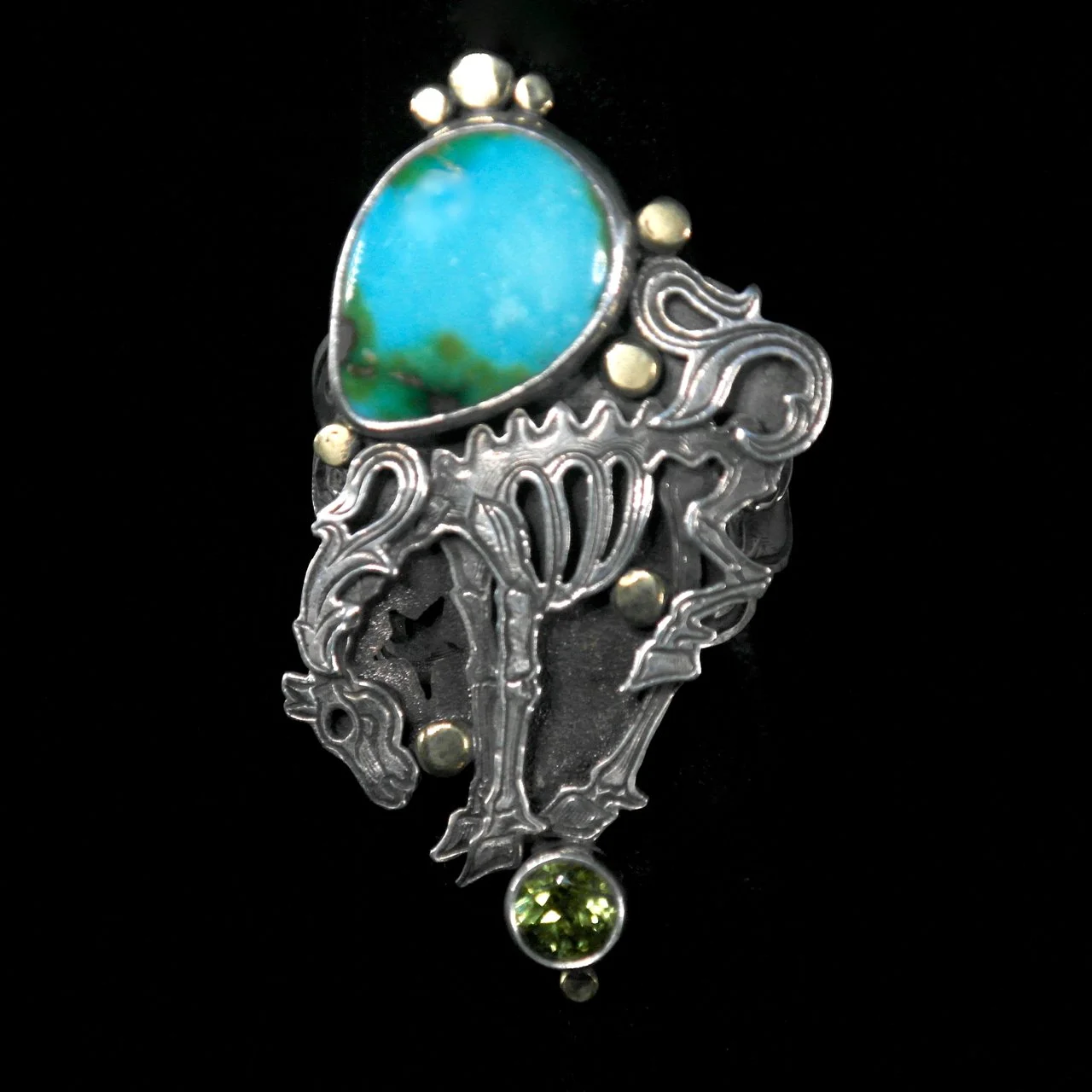 182-122 Kit Carson, %22Blue Bony Pony%22 Sterling, 18k Gold, Sonoran Gold Turquoise, and Peridot Ring $750.jpg