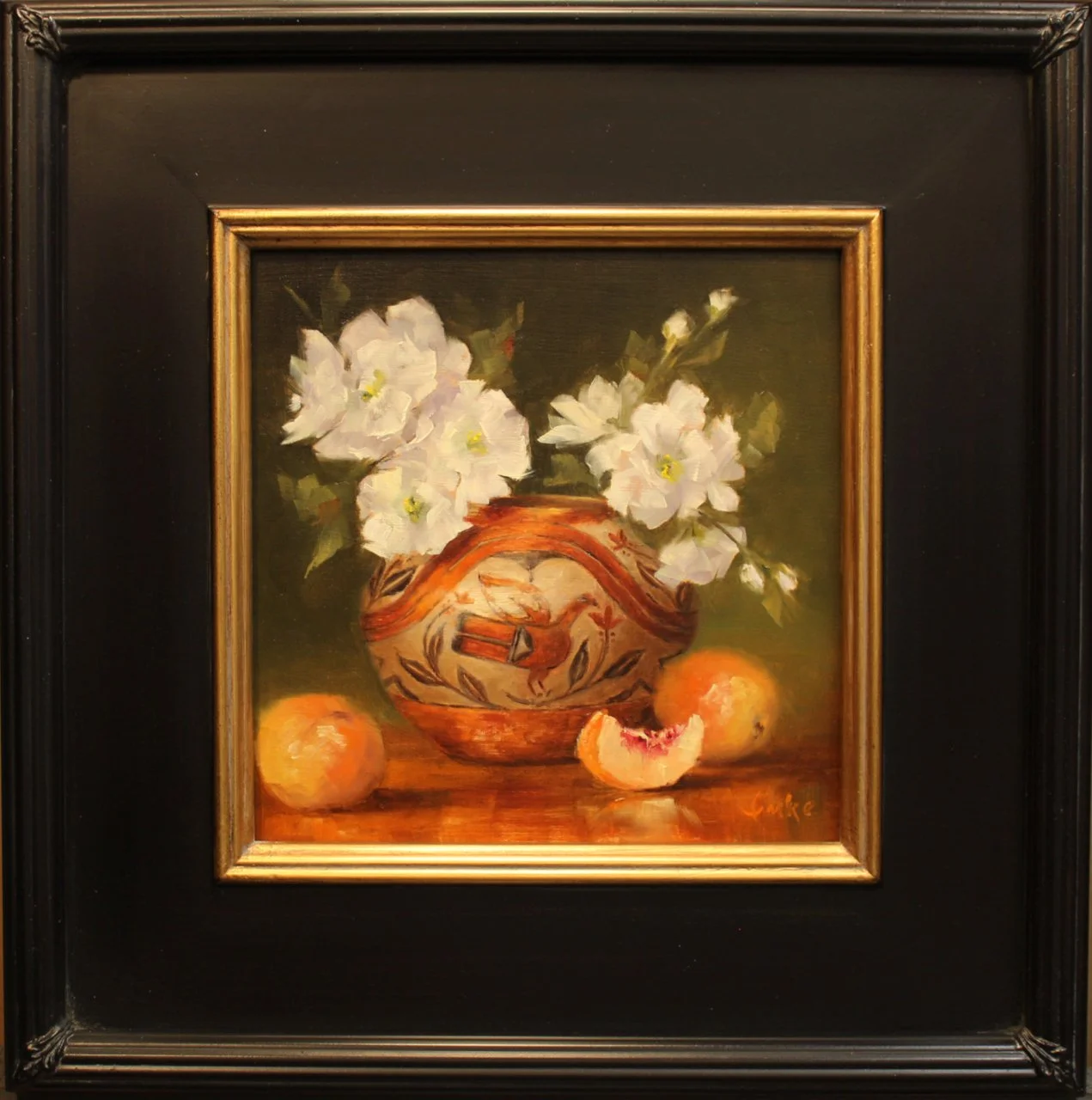 10-300 Denise Imke %22Zia Pot w Peach Blossoms%22 $875-framed.jpg