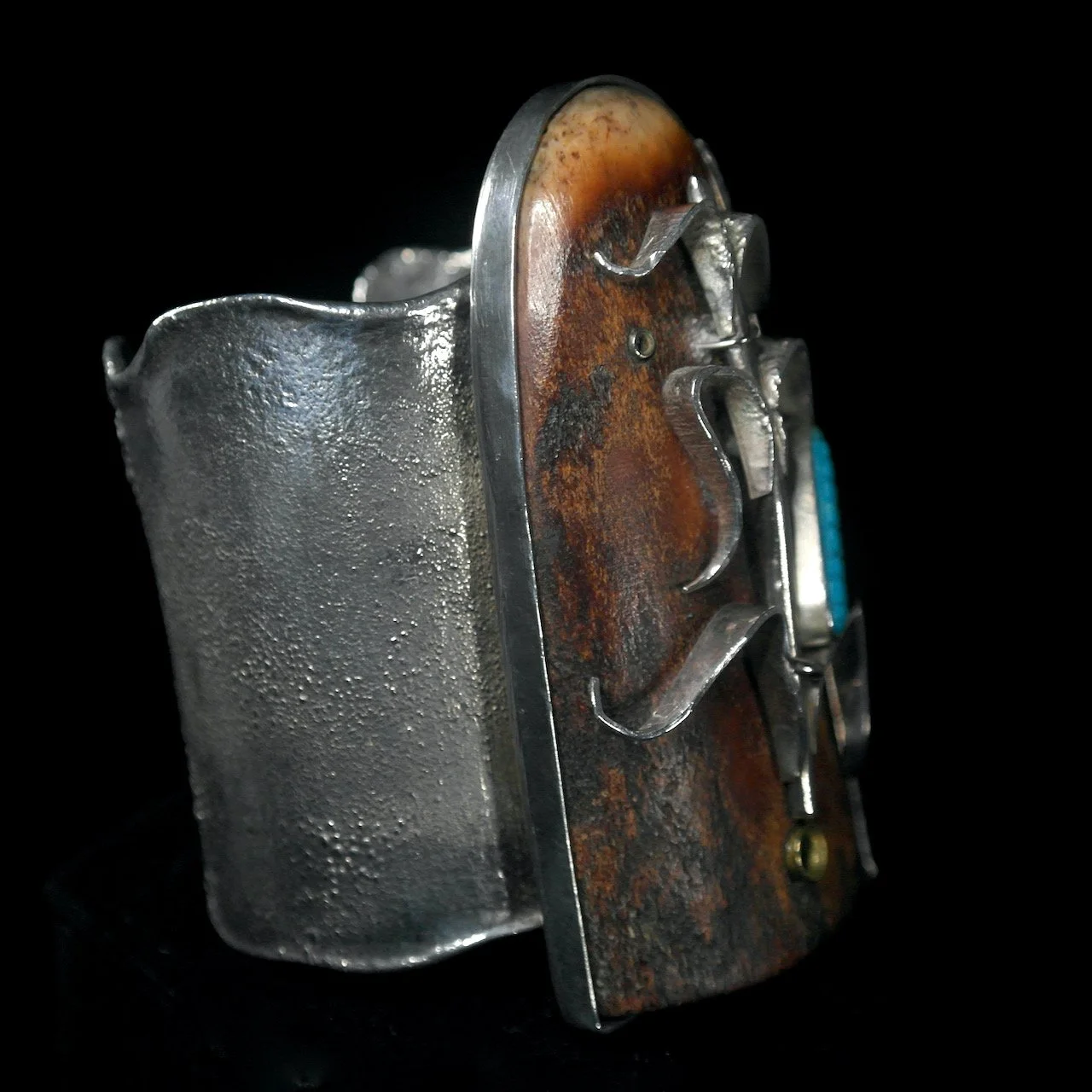 78-261 Buddy Lee Sterling Silver with Mastodon Ivory with Blue Turquoise Corn Cuff Bracelet $2500-1.jpeg