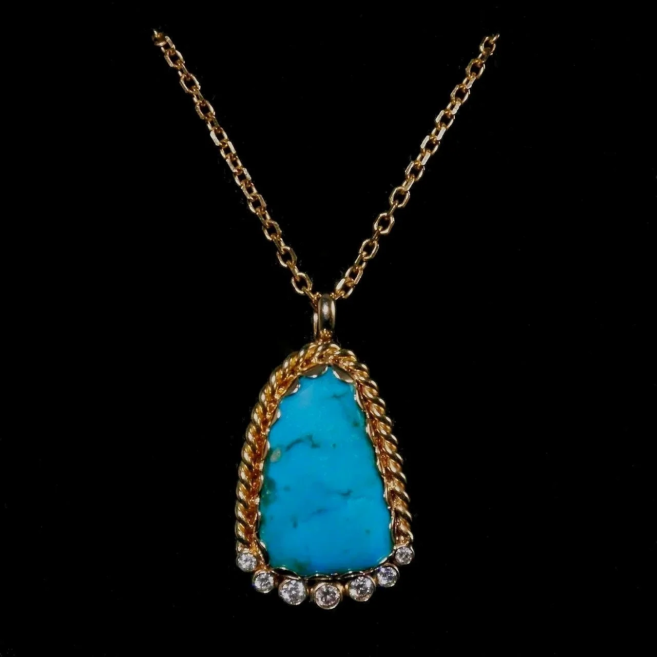 129-62 Rodney Allison 14k Gold with 1:3ct Diamonds and Kingman Turquoise Necklace $3250.jpg