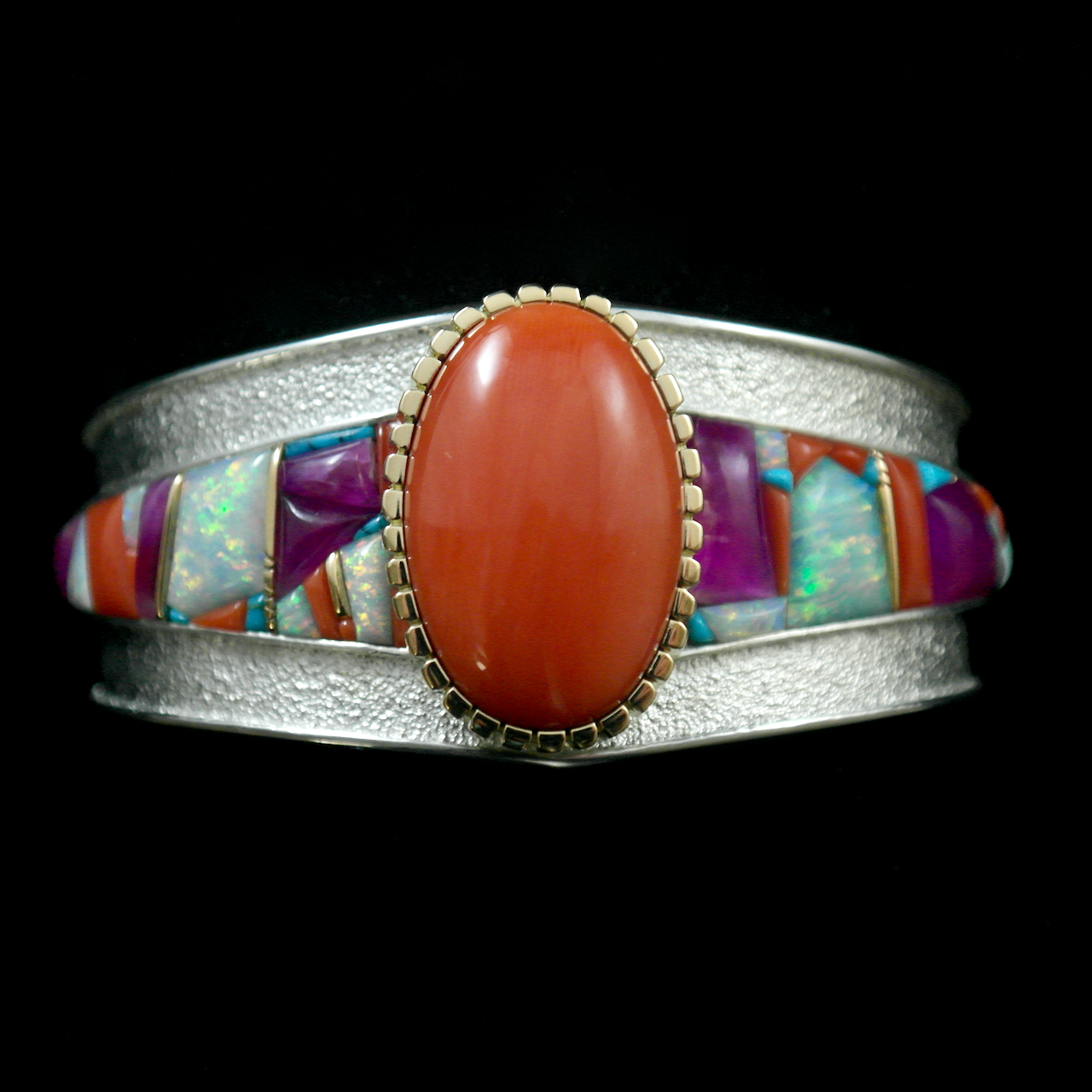 61-602 18K Gold SS Mediterranean Coral, White Opal, Sugalit,e Lone Mountain Bracelet $16500.png