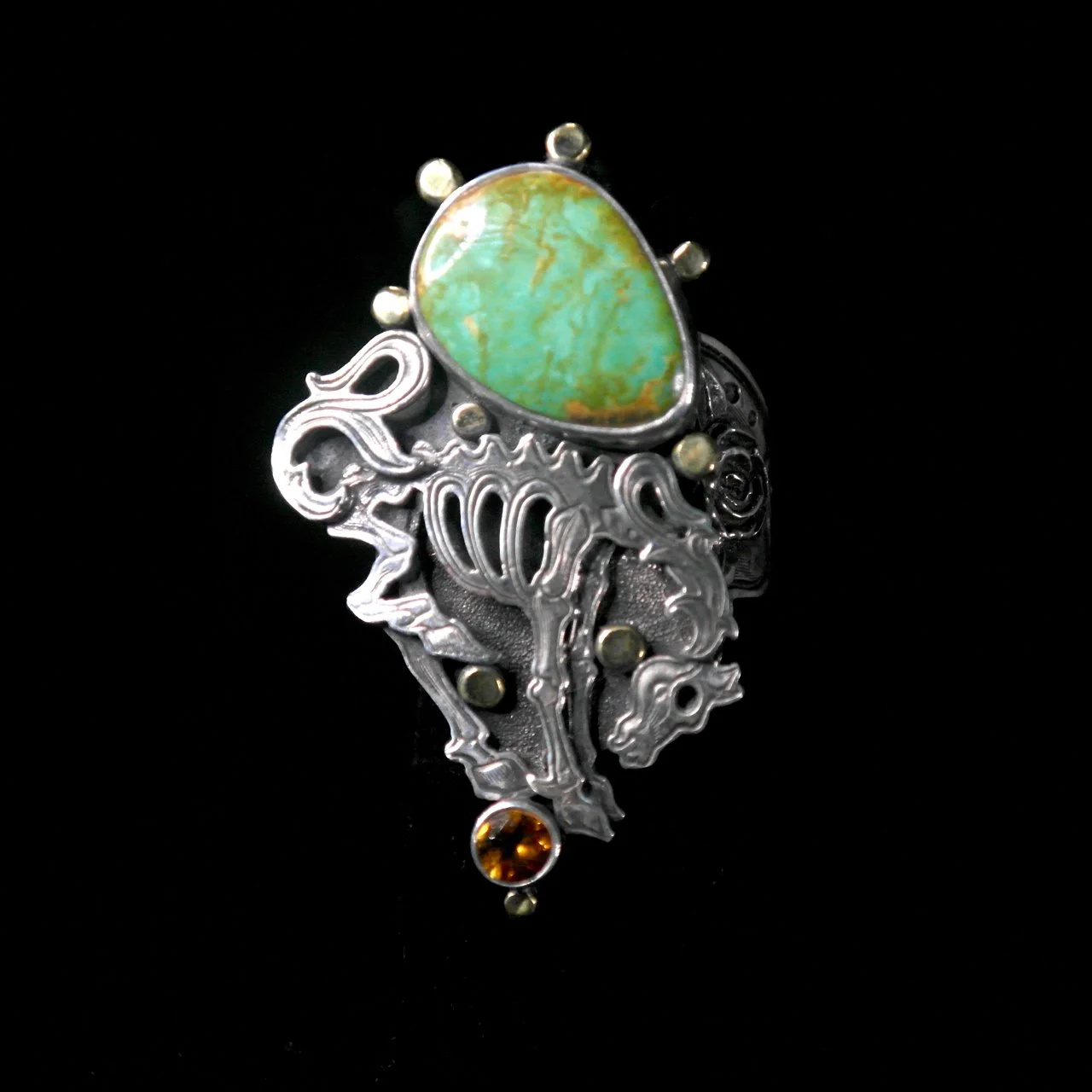 182-121 Kit Carson %22Green River%22 Stering , 18k Gold, with Royston Turquoise and Citrine Ring $750-1.jpg