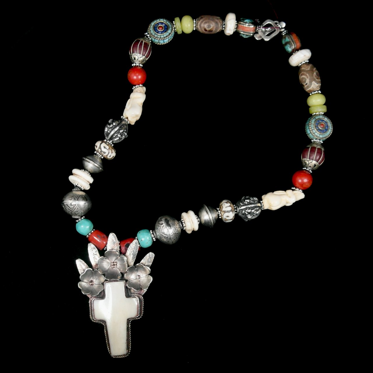 45-1120 Margie Melby Ethnic Beads with Fine Silver Bone Cross Pendant Necklace (2) $1150 .png