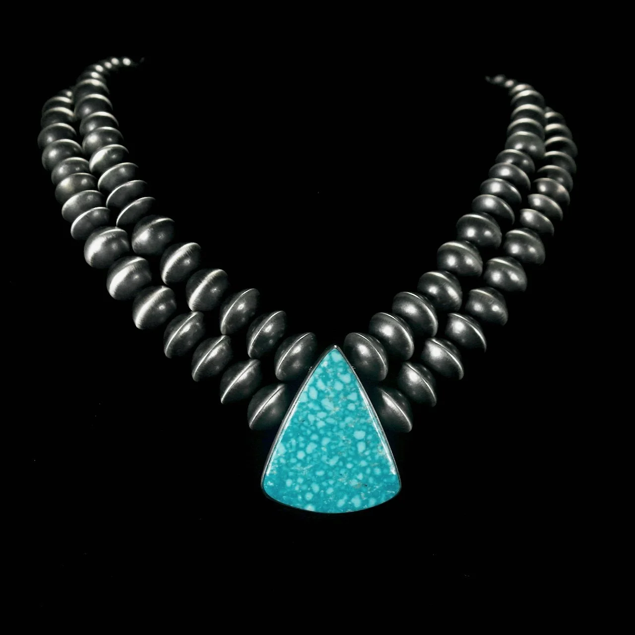 94-996Bernyce Chaves (Navajo) SS Double Strand Navajo Pearl with Birds Eye Kingman Turquoise Necklace $2500.jpg