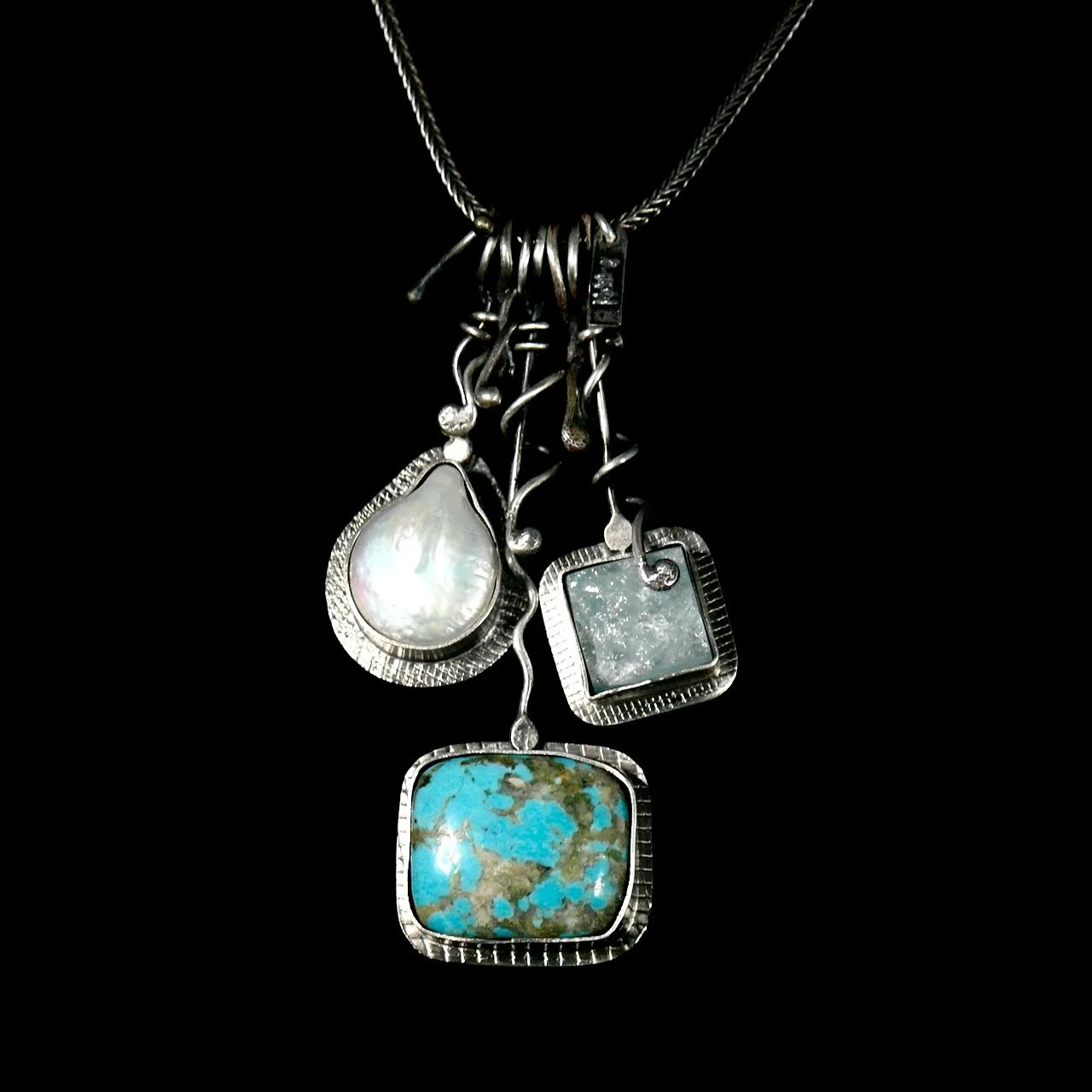 45-1046 Fine Silver with 3-Stone Aquamarine, Pearl, Turquoise Neckclace $495.jpeg