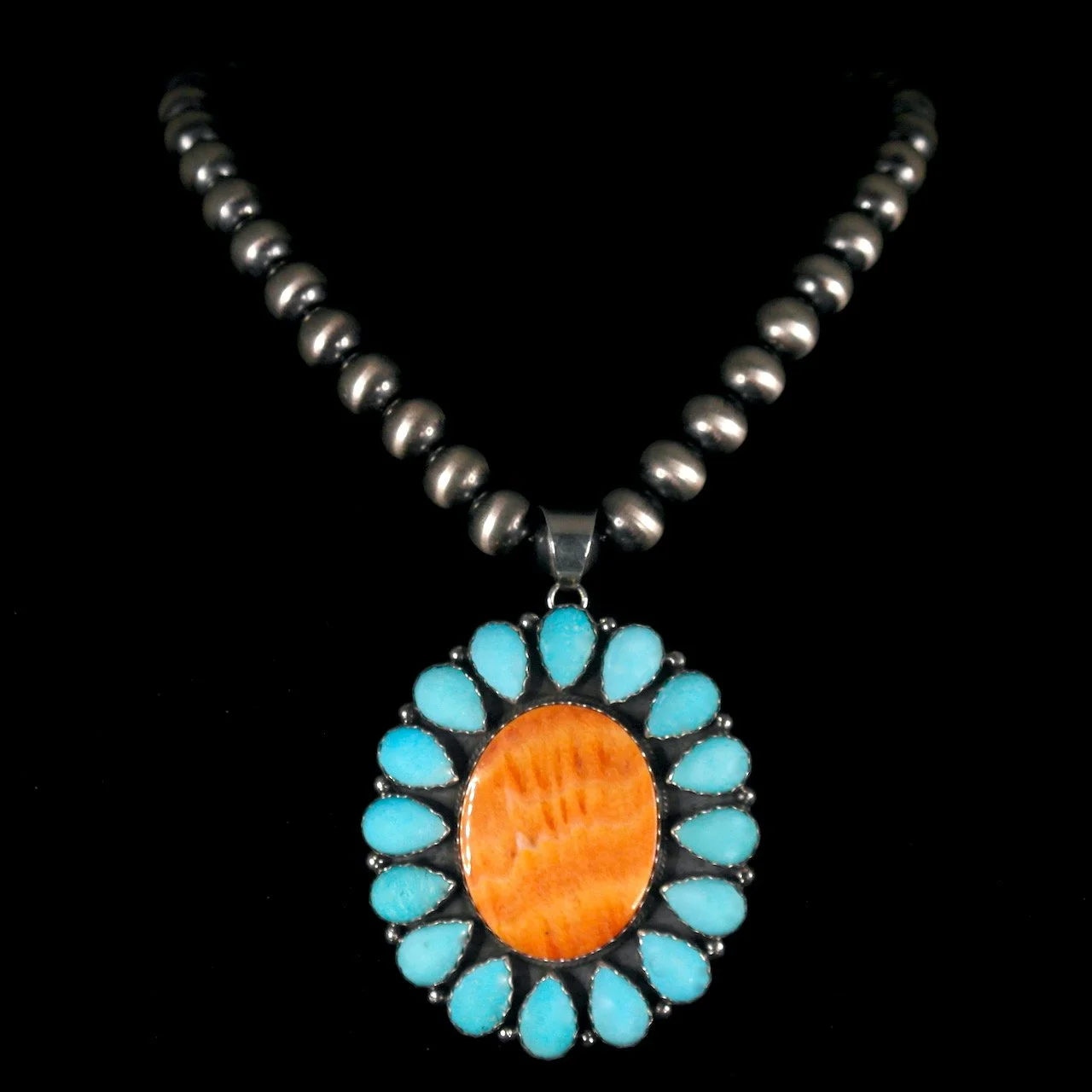 60-818 Ann Curly Sterling Silver with Spiny Shell Oyster and Sleeping Beauty Turquoise Flower Pendant $1798-1.jpeg