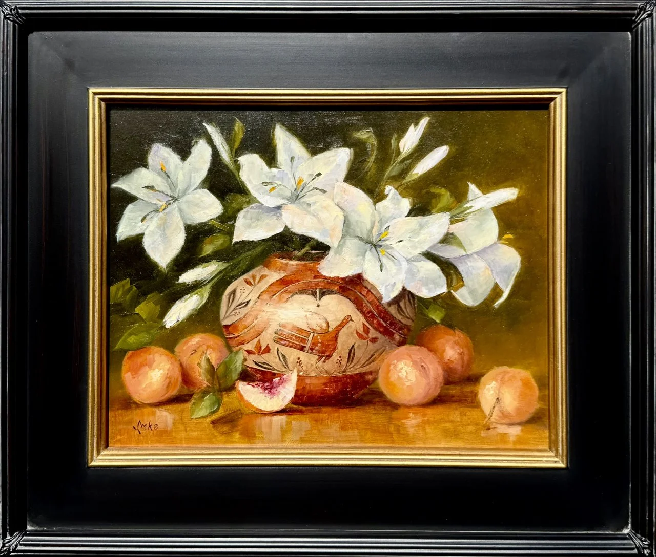 10-308 Denise Imke "Bird Pot with Lilies and Peaches" $1895-framed.jpg