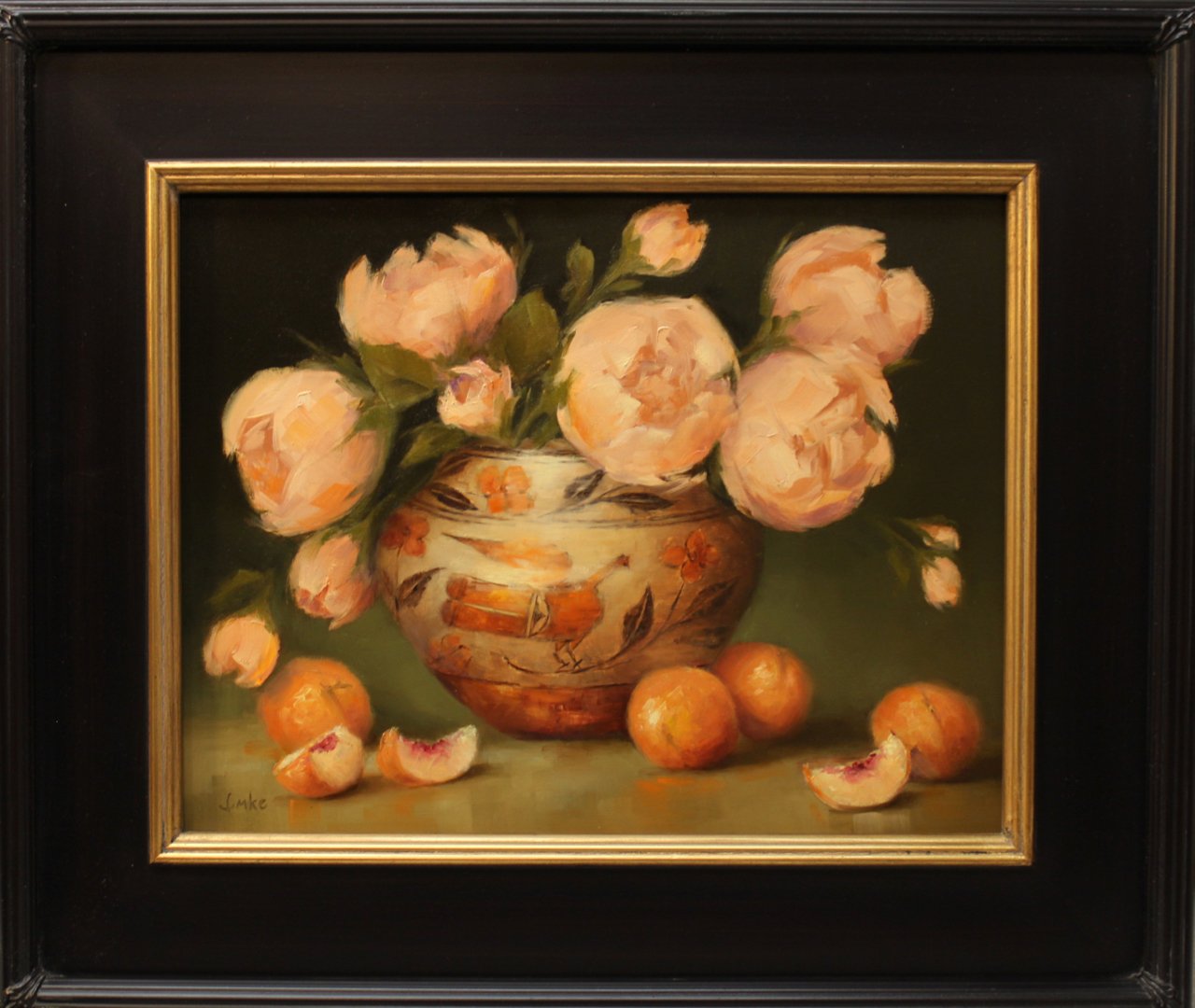 10-301 Denise Imke %22Zia Pot w Peach Blossoms%22 $875-framed.jpg