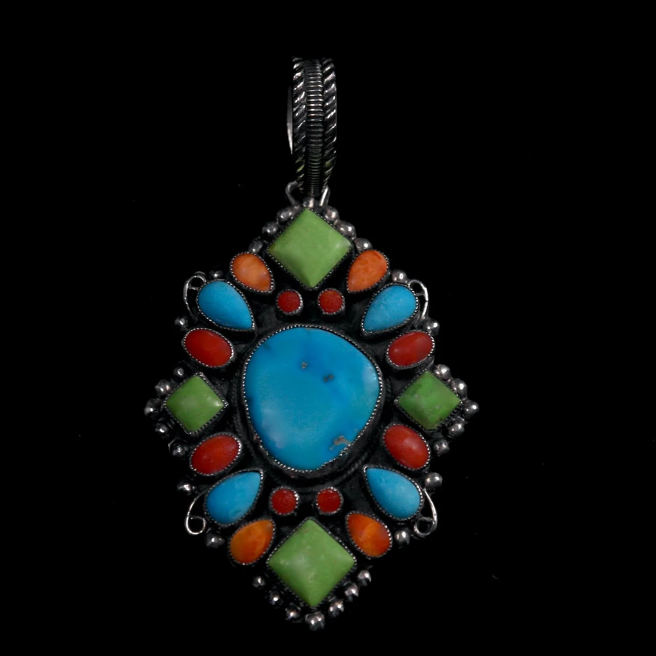 230-6 Leo Feeney Sleeping Beauty Turquoise, Coral, Gaspeite, and Spiny Oyster Pendant $1150.jpeg
