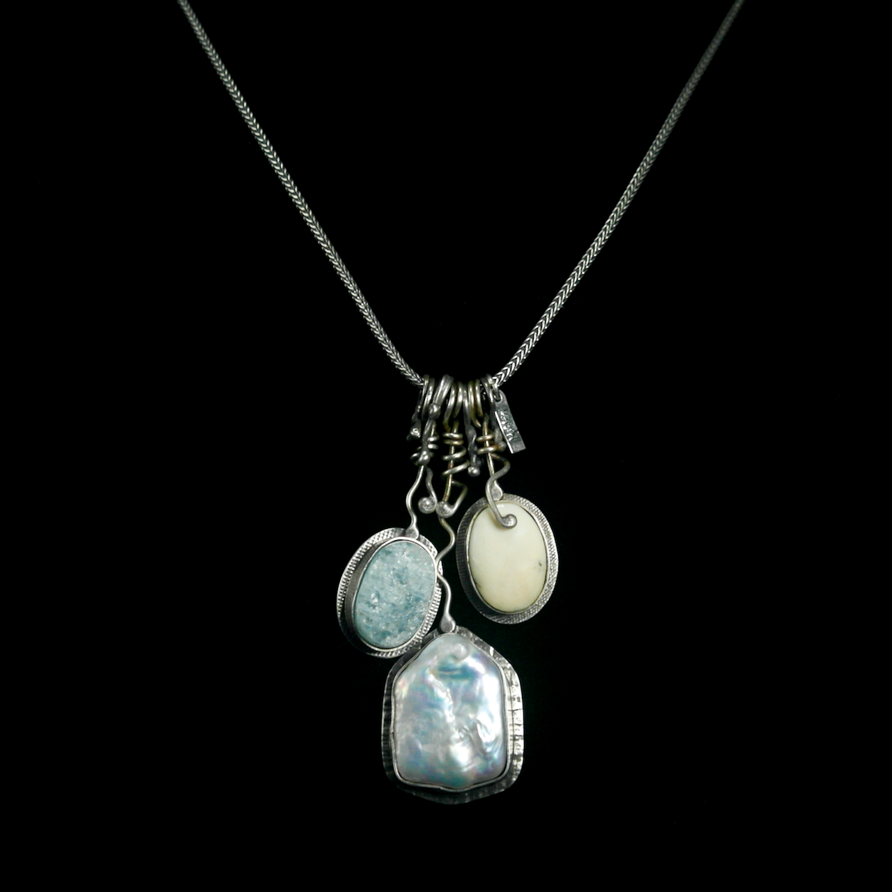 45-1102 Margie Melby Fine Silver Three Stone Pearl, Raw Aqua, Antler Necklace $495.png