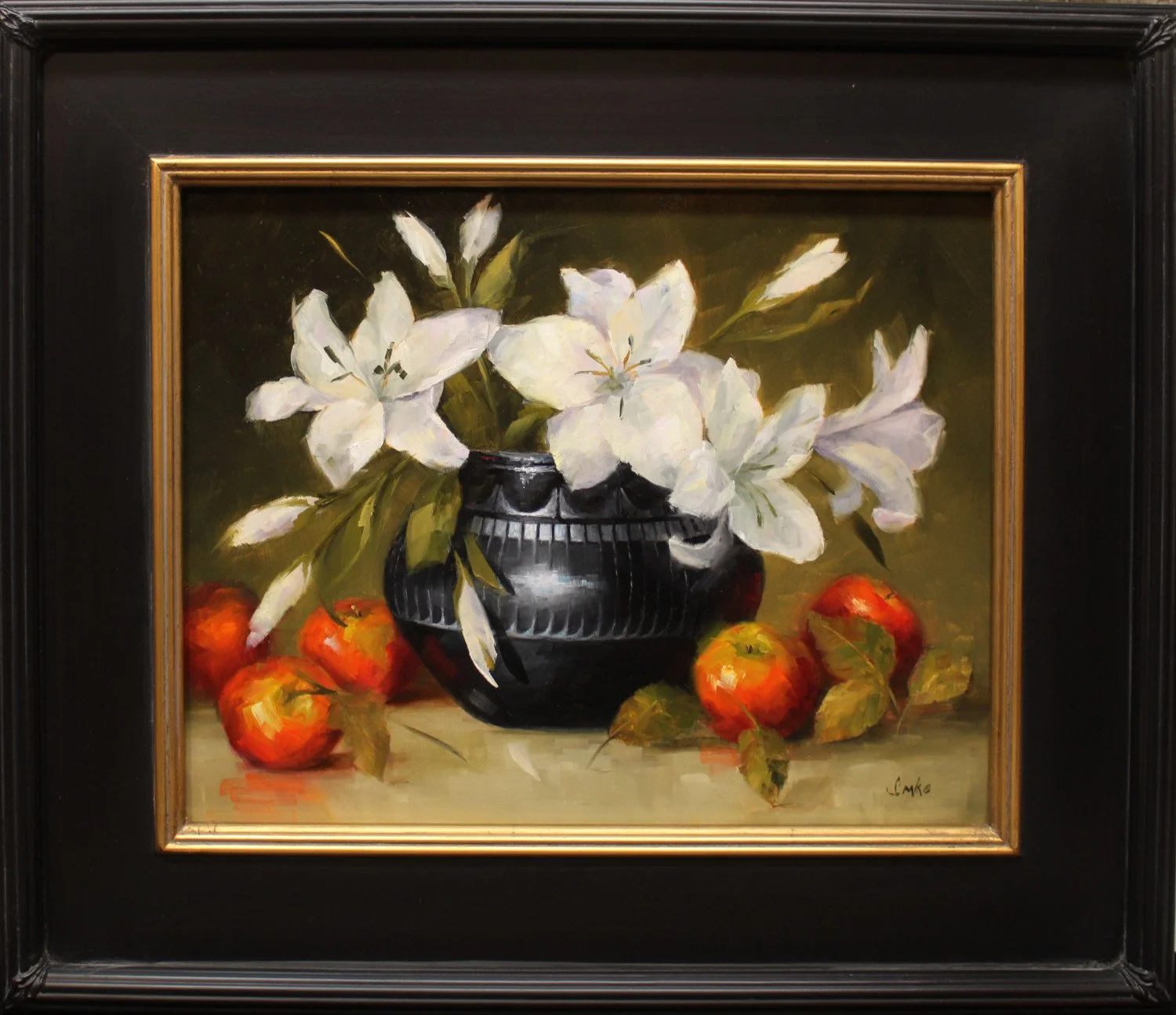 Feather Pot w Lilies-framed.JPG