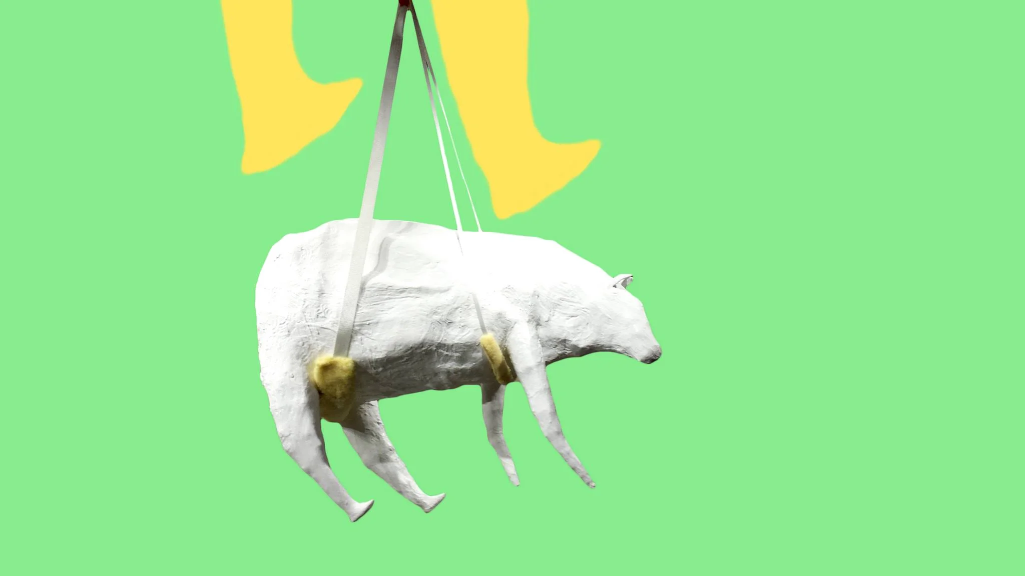 Bear Hieroglyphic 2014 Papier-mâché, seatbelt webbing, faux shearling ' x 6' x 3' 