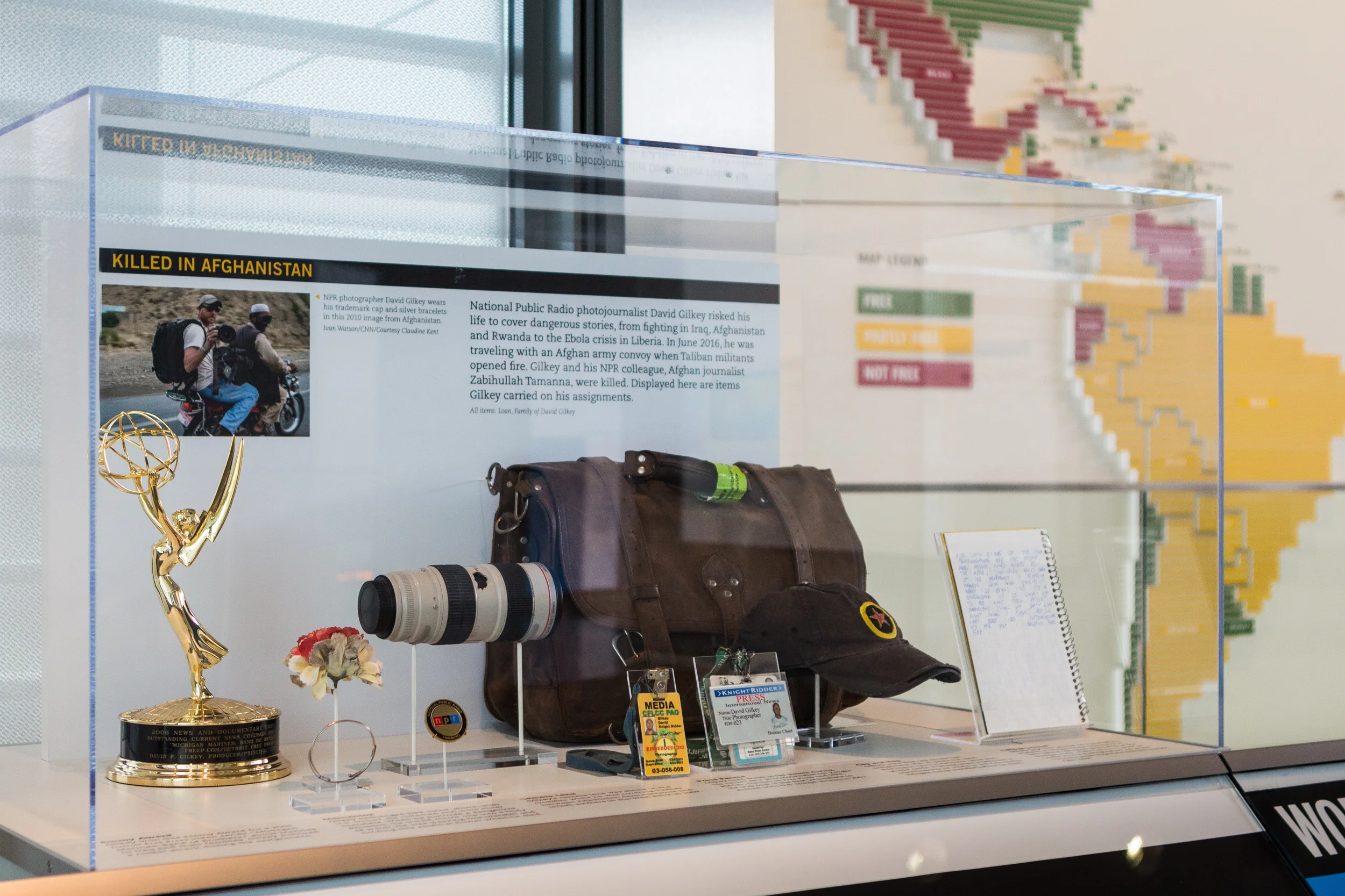 Artifact case containing personal items of photojournalist David Gilkey.