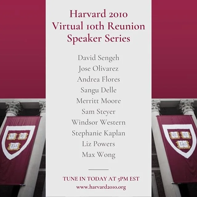 Just a reminder: the 10th Reunion Speaker Series kicks off at 5PM EST today! Visit www.harvard2010.org or check your email for log-in details! #H10VE