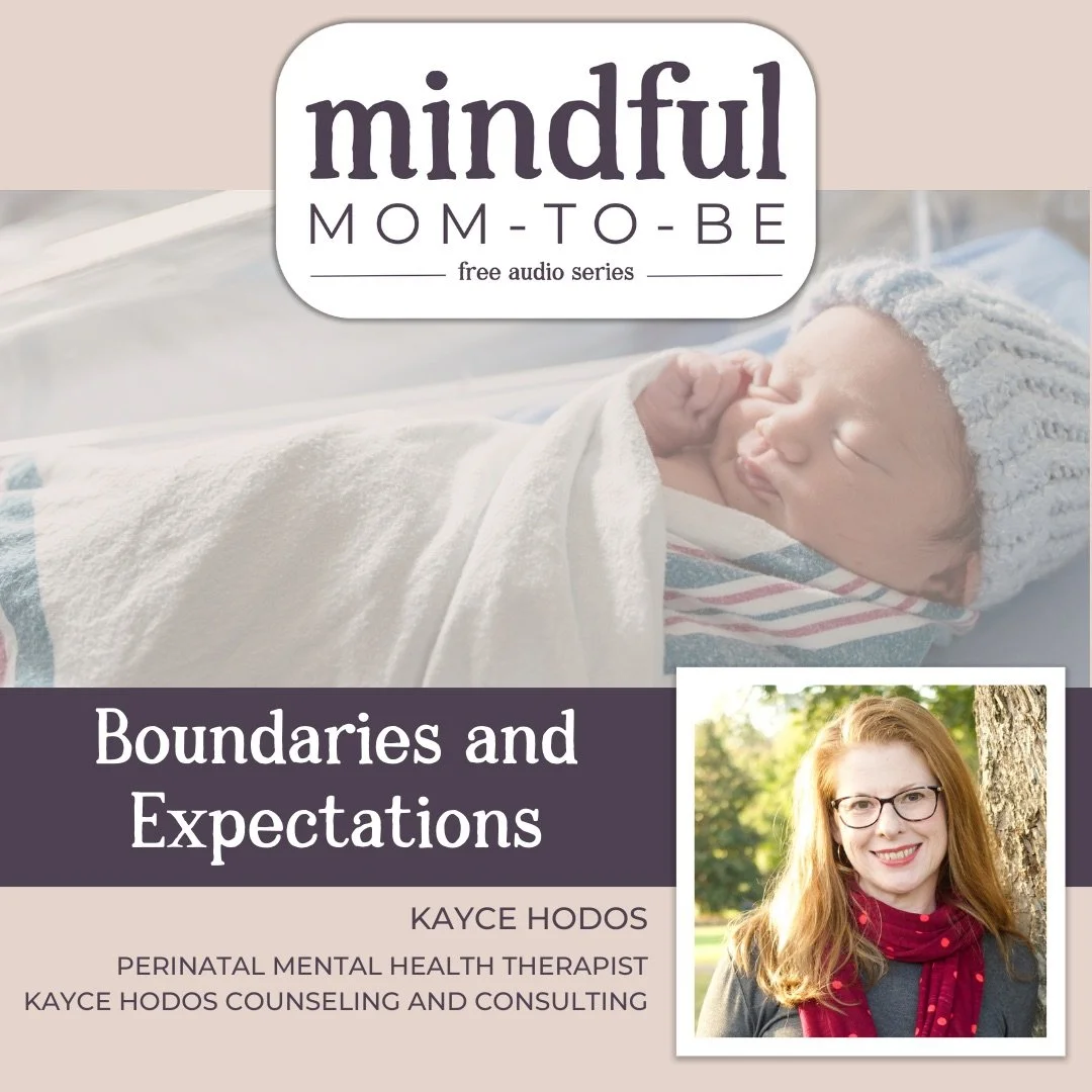 Episode cover for 'Postpartum Boundaries and PMAD Prevention' featuring host Kayce Hodos. The graphic includes the 'Mindful Mom-To-Be' logo and titles in a clean, purple design.