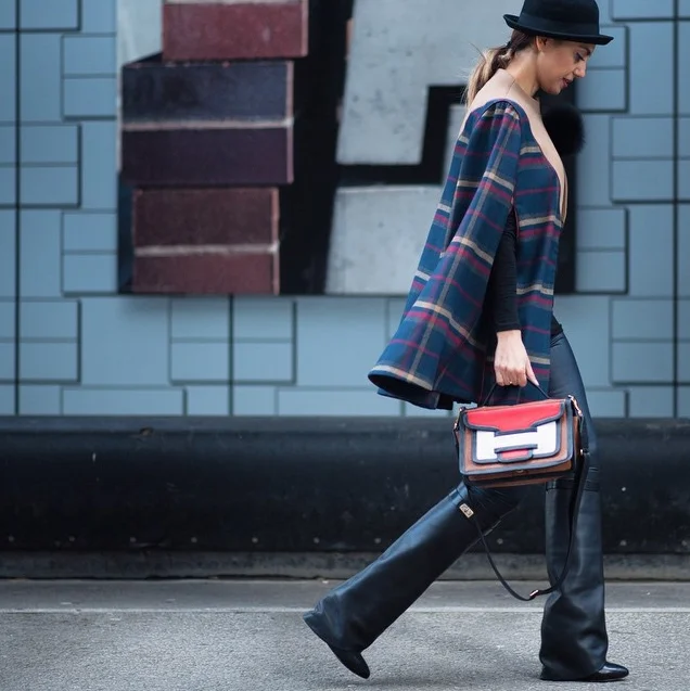 Perwin Aydin (photo by Andrew Barber) at LFW FW'15 carrying her Pierre Hardy 'Alpha' bag