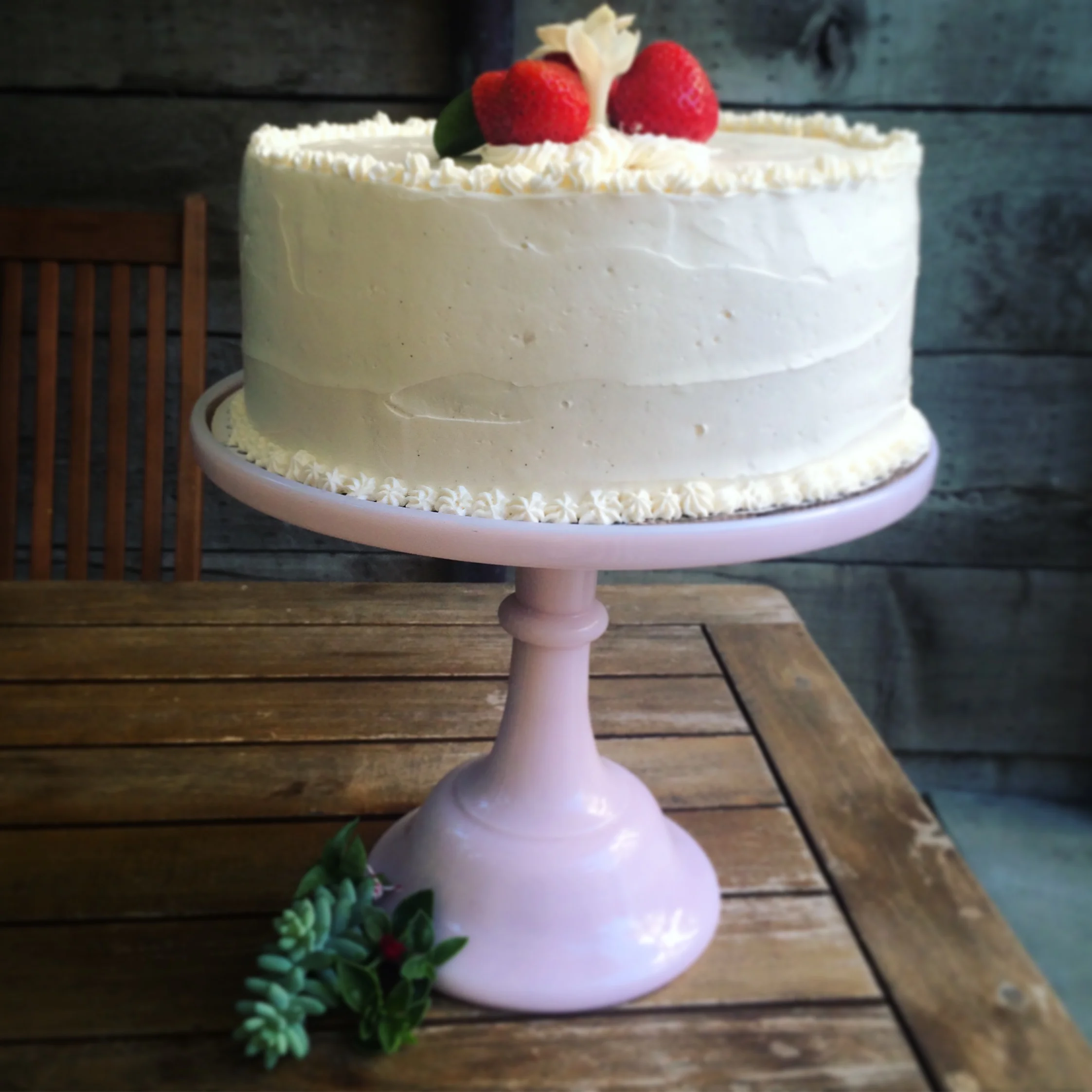 Banana Cake with Fresh Strawberries and Vanilla Buttercream
