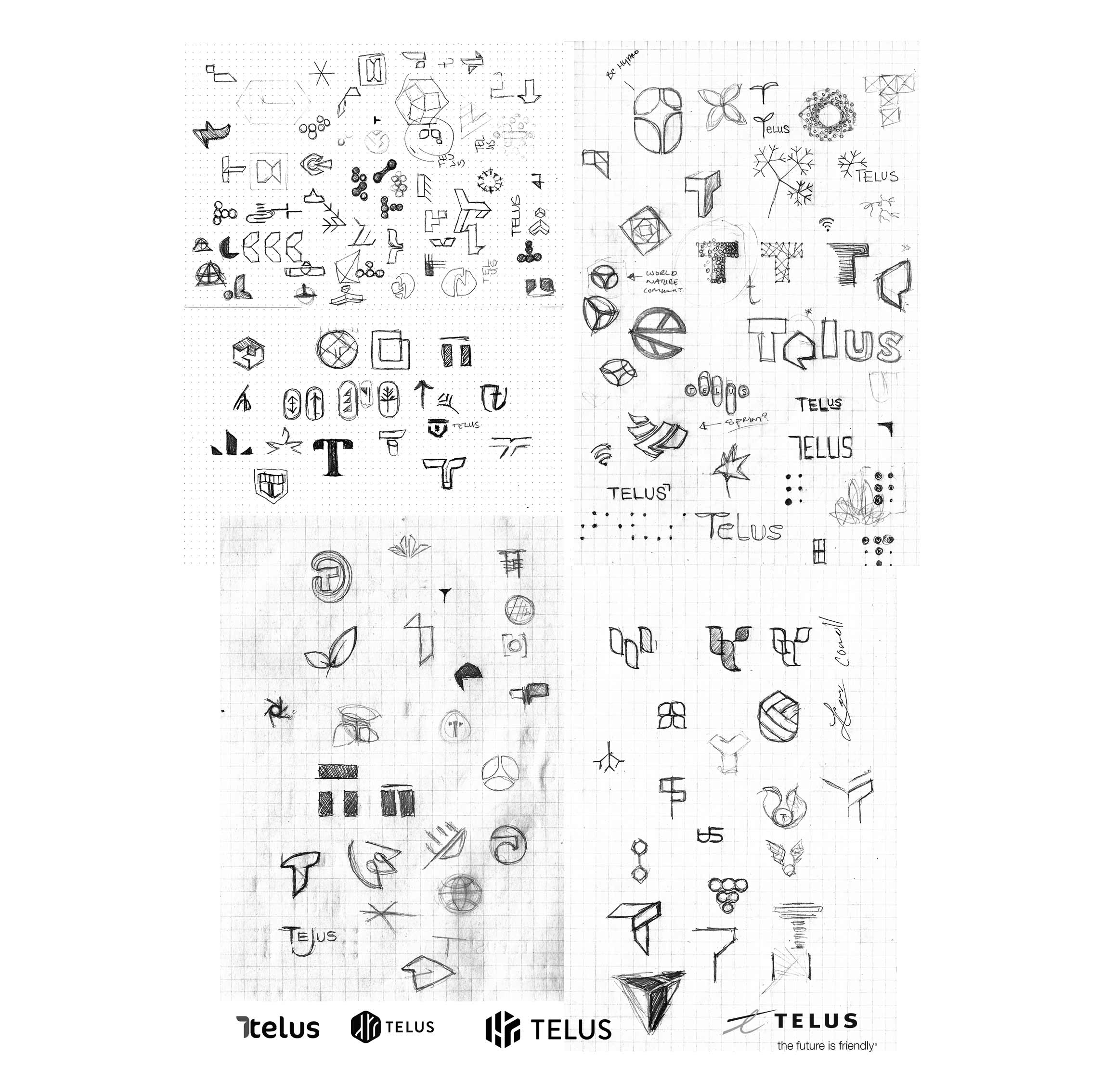 The final concept presented was not the initial direction for chosen for TELUS. The initial concept was refined to a point where it felt balanced and would work well with the intended project brief, however it felt too static and “corporate” for a telecommunications company like TELUS. They needed something more exciting and dynamic in application which would help communicate their goals, values, objectives, to their consumers. This thought process is what led to the final direction and design solution.