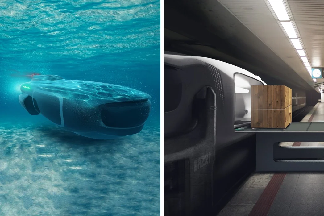 THE FEDEX OF THE FUTURE IS UNDERWATER As the climate shifts and sea levels rise, so does the need for transportation that’s been adapted for changing landscape and seascapes. Designed with this in mind, the Berliner Logistics submarine concept aims to assist in last-mile deliveries of cargo. After intercepting packages or shipping containers at sea, the automated system of submarines would then travel through rivers to destination cities everywhere. With specialized docking stations and loading ports, the entire system can work autonomously and in tandem with ships and other carrier services to streamline the delivery of goods. Designer: Srijith Mohan