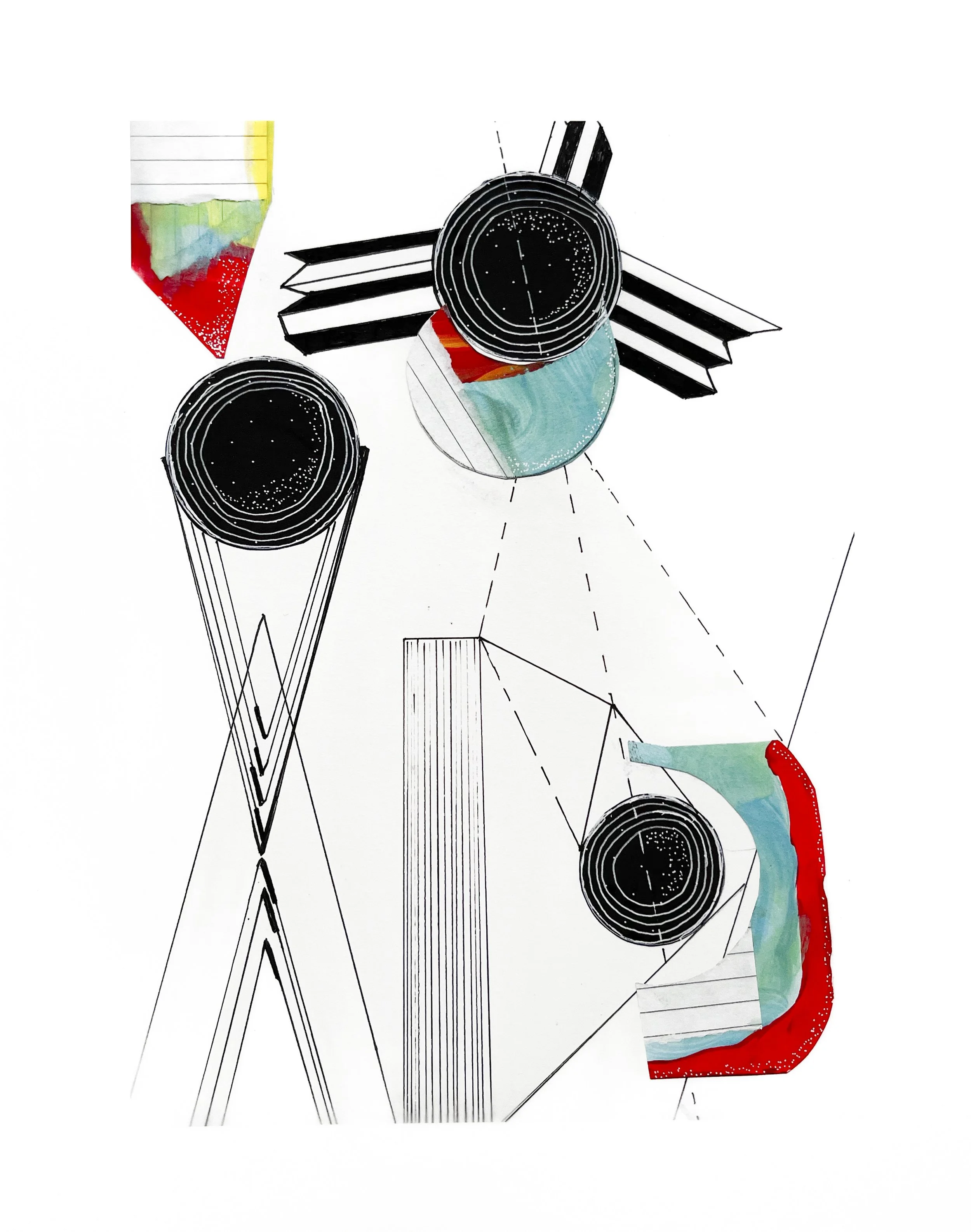 Abstract art featuring geometric shapes, lines, and patterns with black circles and colorful accents on a white background.