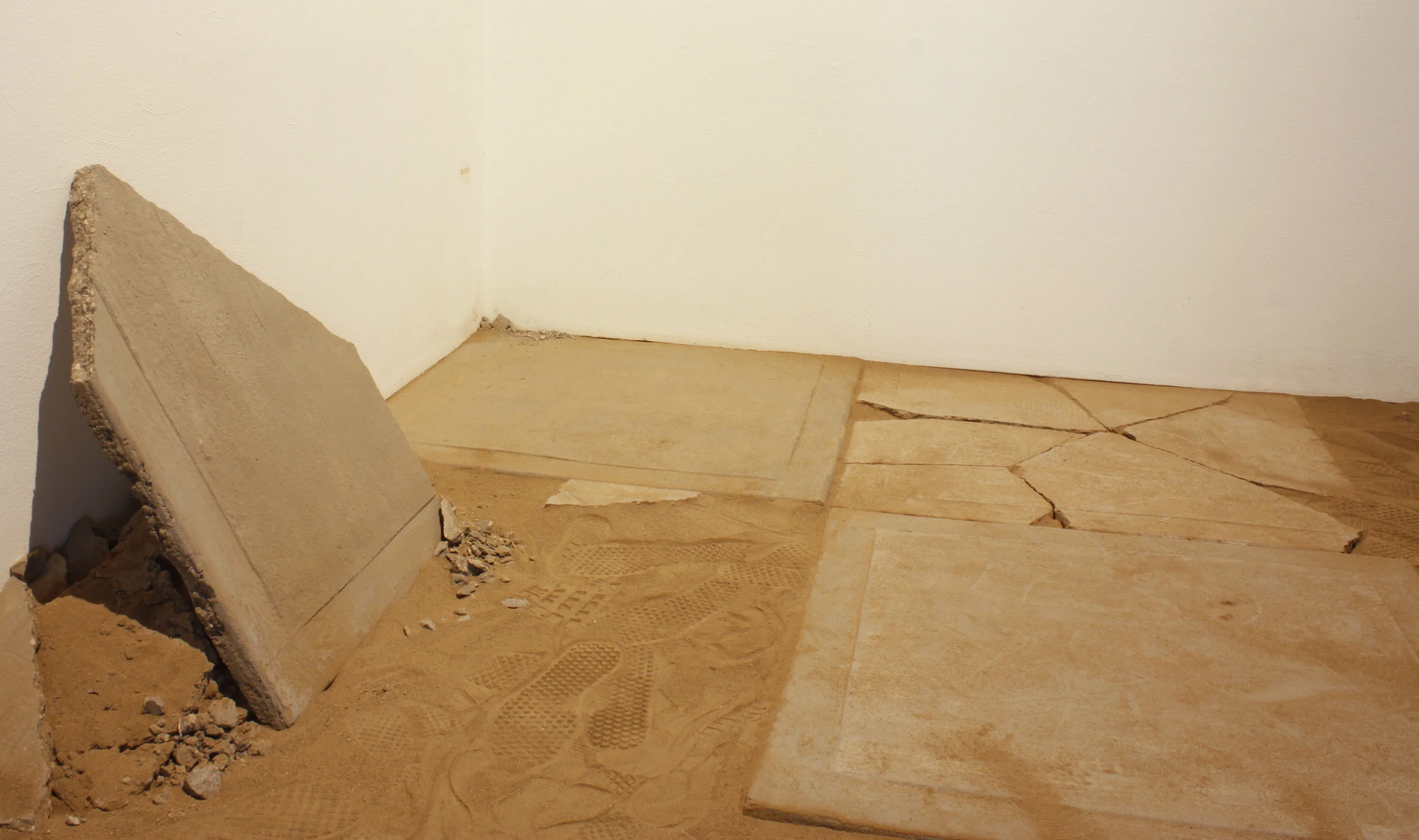 towards a surface (after entry) Sifted earth dug from a 5'2" x 2' x 1' area, recording emitted from a speaker, concrete, steel, saliva, and light 16'5" x 7' x 14' 2017