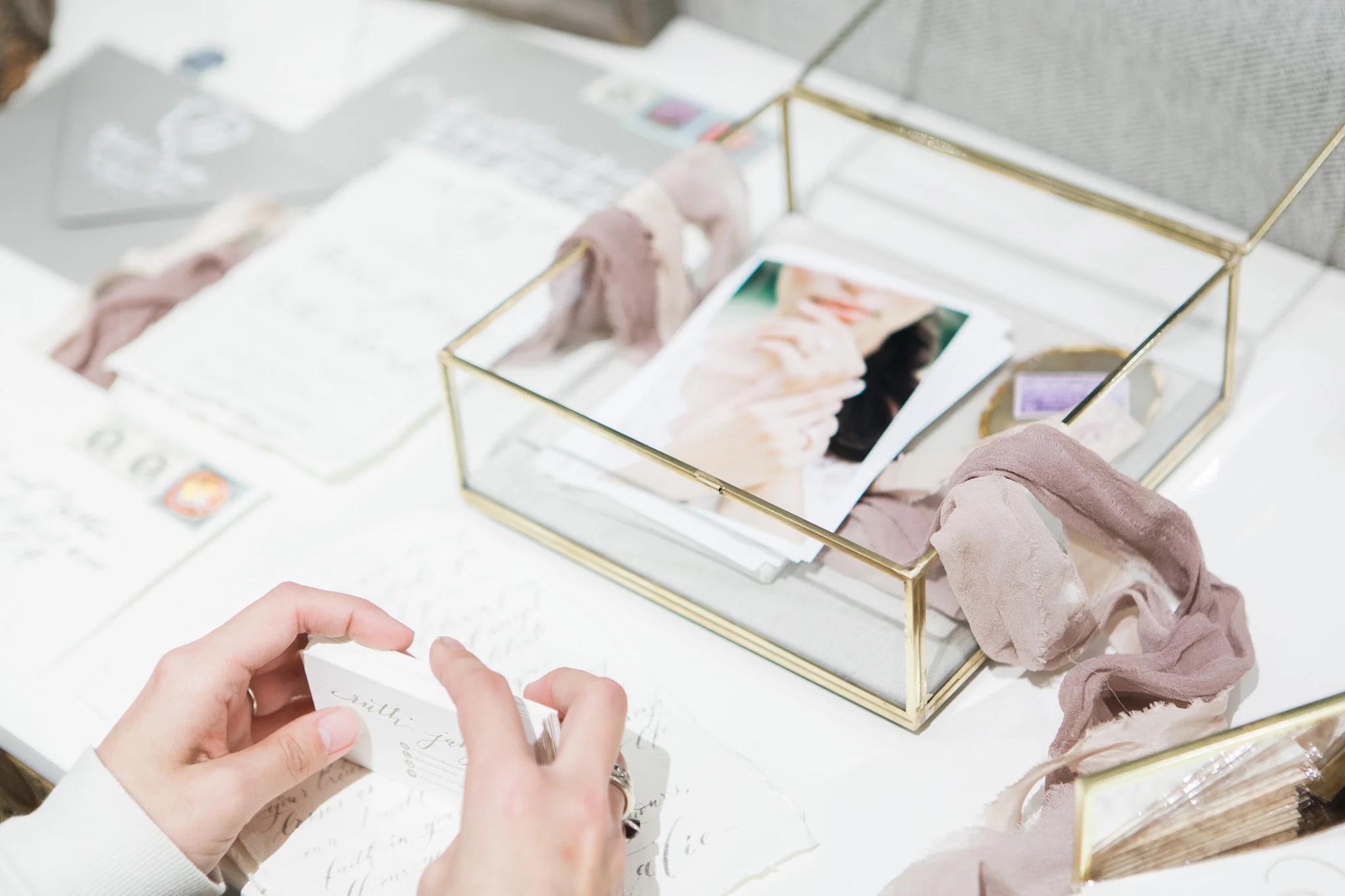 Beautiful prints from the Rose Quartz Shoot by Tenth and Grace, beautifully display with West Elm Glass Display Box and Tono and Co. ribbon!