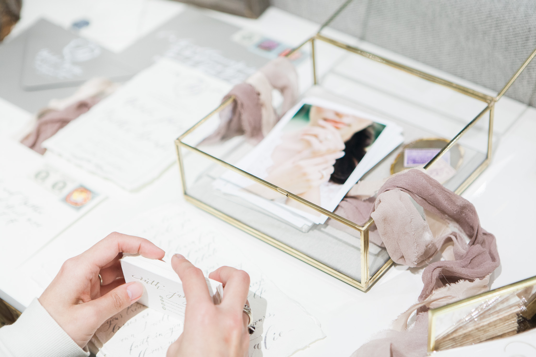 Beautiful prints from the Rose Quartz Shoo t by Tenth and Grace , beautifully display with West Elm Glass Display Box and Tono and Co. ribbon!