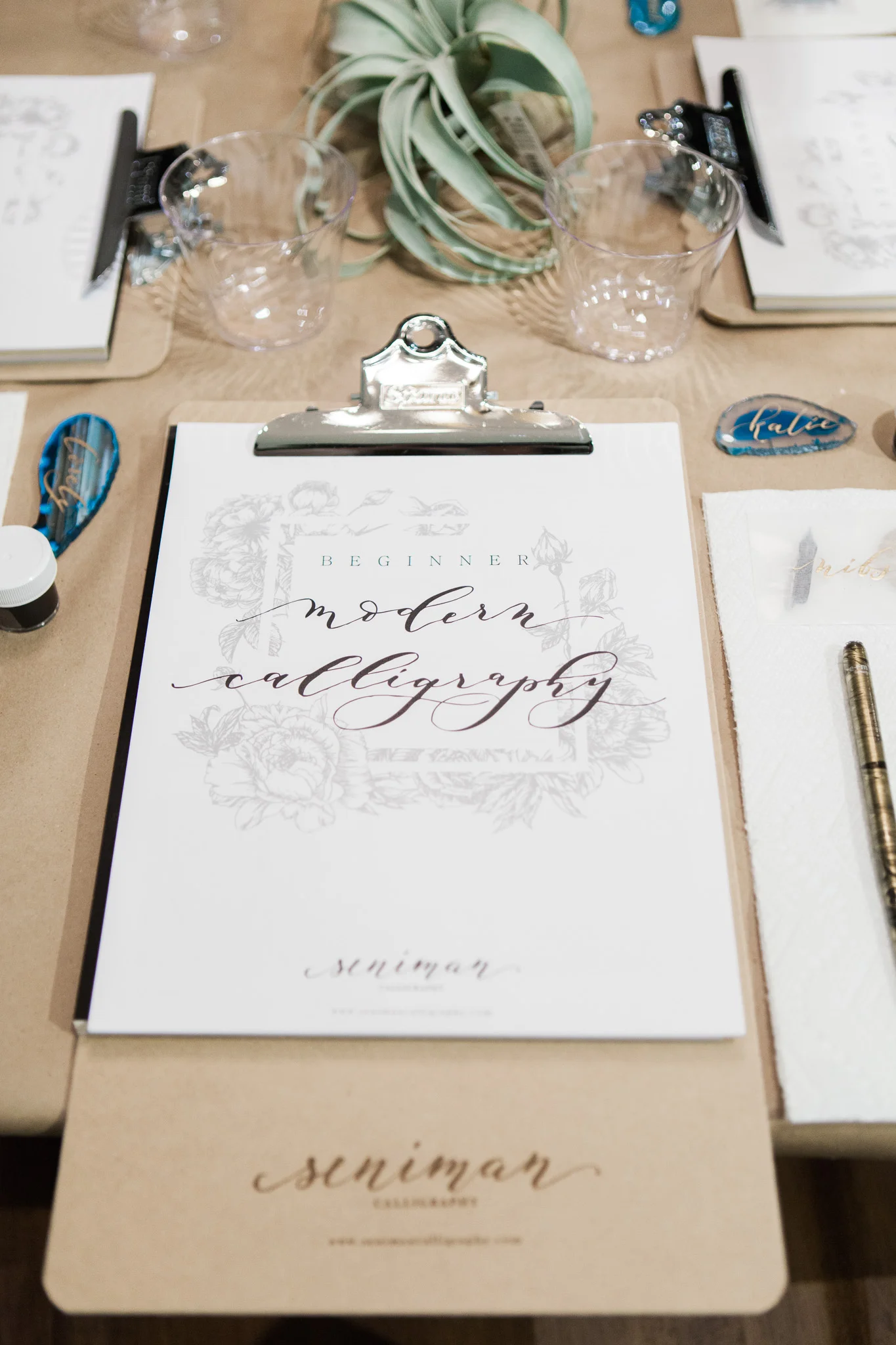 Seniman Calligraphy guides with custom etch clipboard; complete with nibs, marbled pen holder, and ink! 