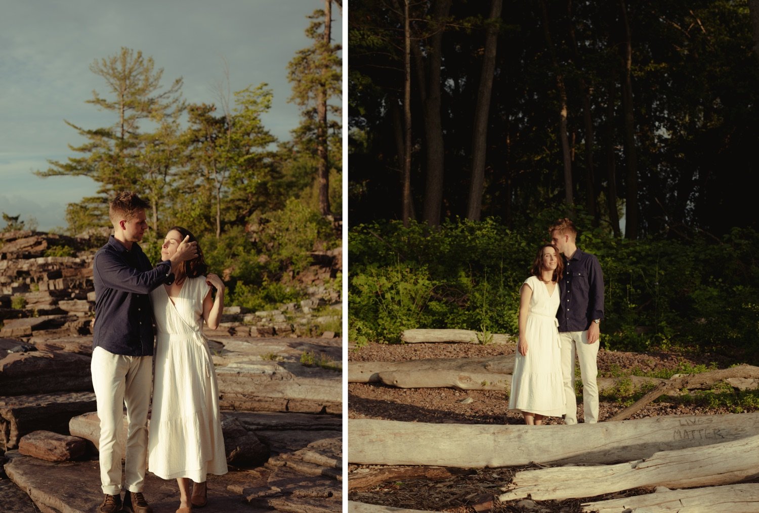 16_intimate engagement photos at oakledge beach in burlington vermont _couple photographed in front of washed up driftwood at oakledge beach in burlington vermont .jpg