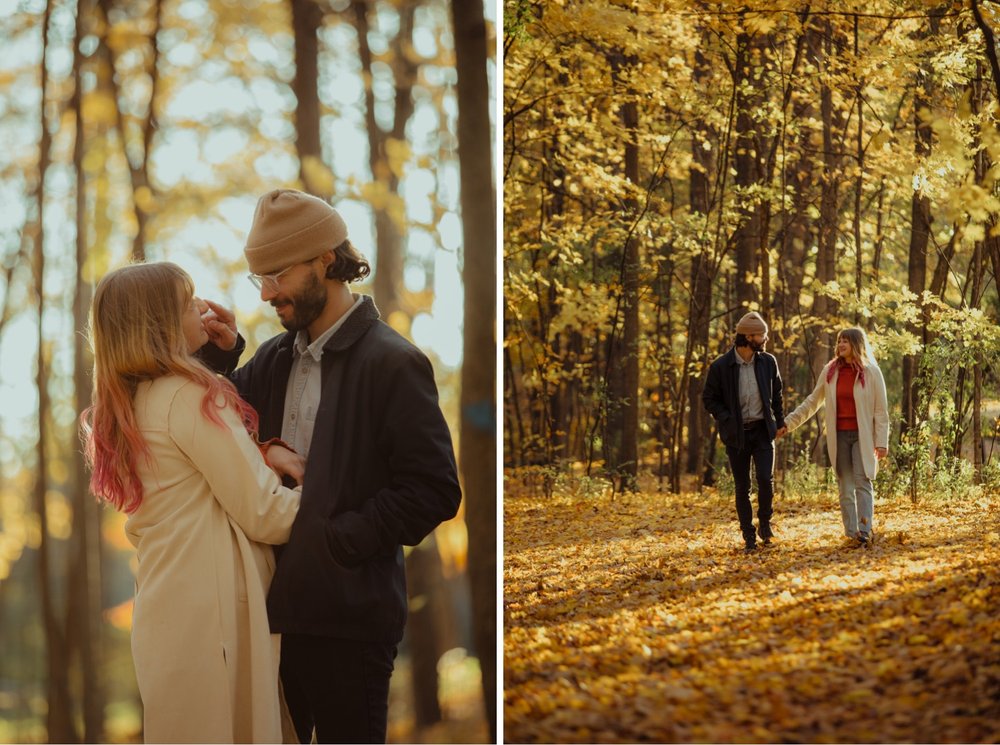 25_golden hour engagement photos of a playful couple at grand isle state park vermont _couple walking through the foliage at grand isle state park vermont .jpg