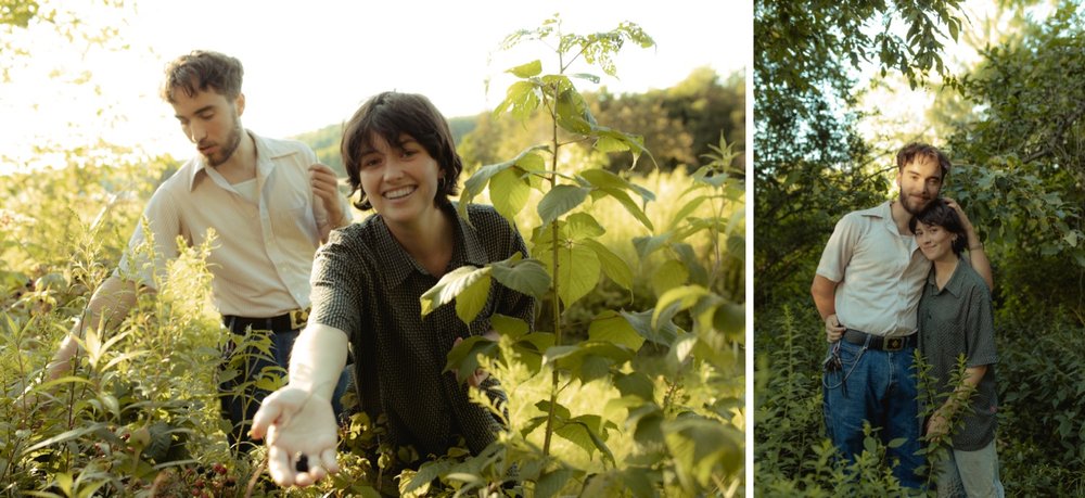 28_couple picking berries in the backyard one summer night in vermont _golden hour sunset photos in the woods of a young couple in vermont .jpg