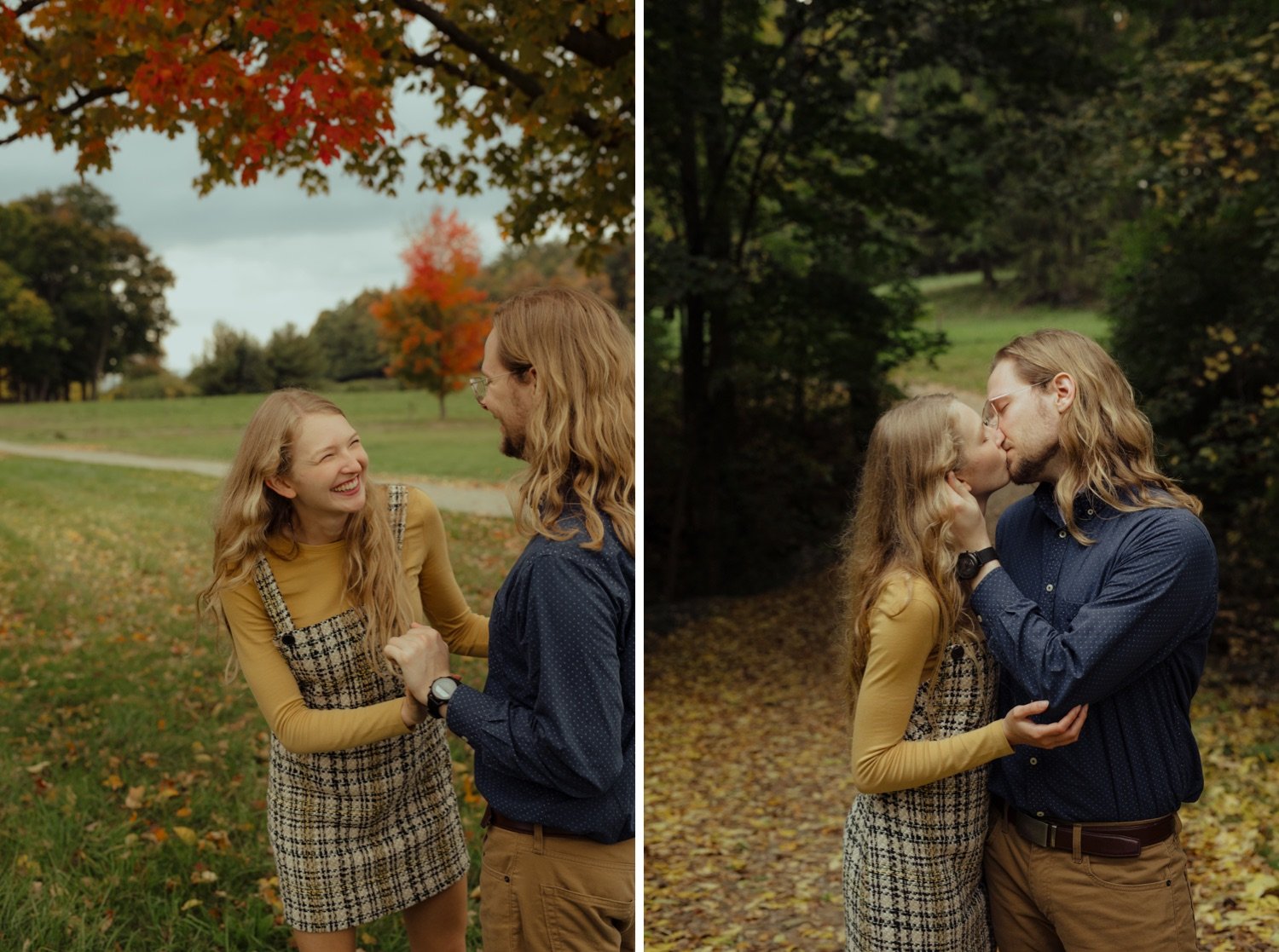 31_happy couple in the foliage at shelburne farms vermont _young couple kissing in the fallen leaves along the trail at shelburne farms vermont .jpg