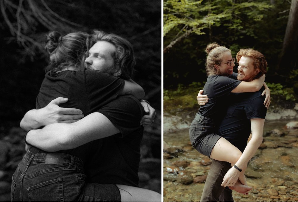 37_young man carries young woman playfully along vermont riverside at texas falls in hancock vermont _black and white photo of couple embracing bear hug .jpg