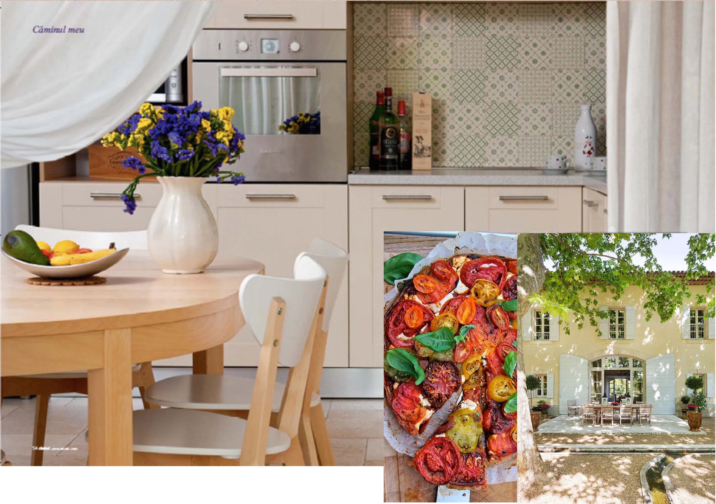 The patchwork tiles are bringing the spirit of the south into the kitchen. Photo Caminul - images (insert) found on Pinterest. 