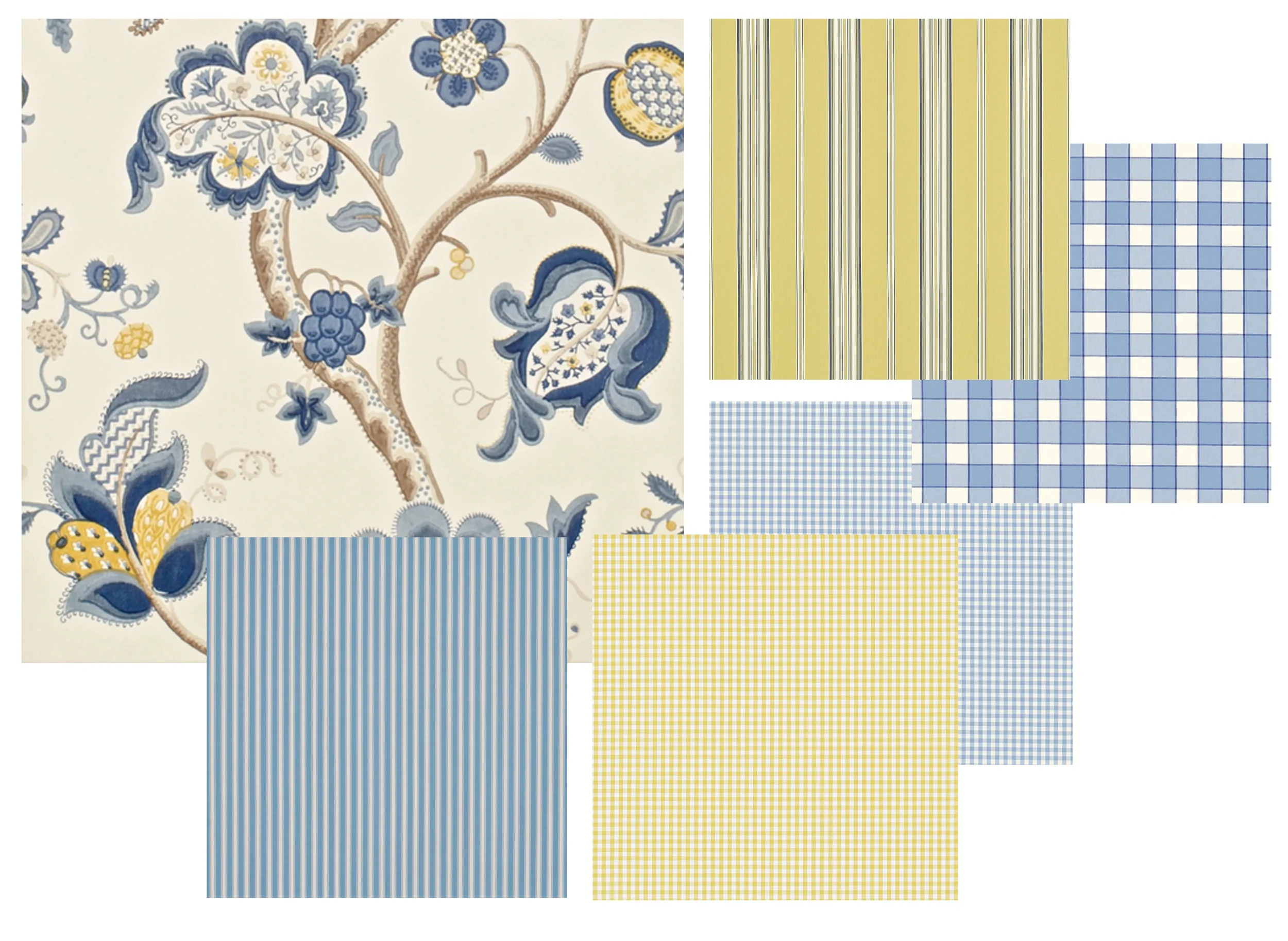 Red is not your colour? No problem, try a blue and yellow combination. The wallpaper with the flower print, the striped and checked fabrics are from Sanderson. If you compare the red-ivory combination with the yellow-blue combination that I would say the red one is warmer, the yellow-blue one has a fresher touch. 