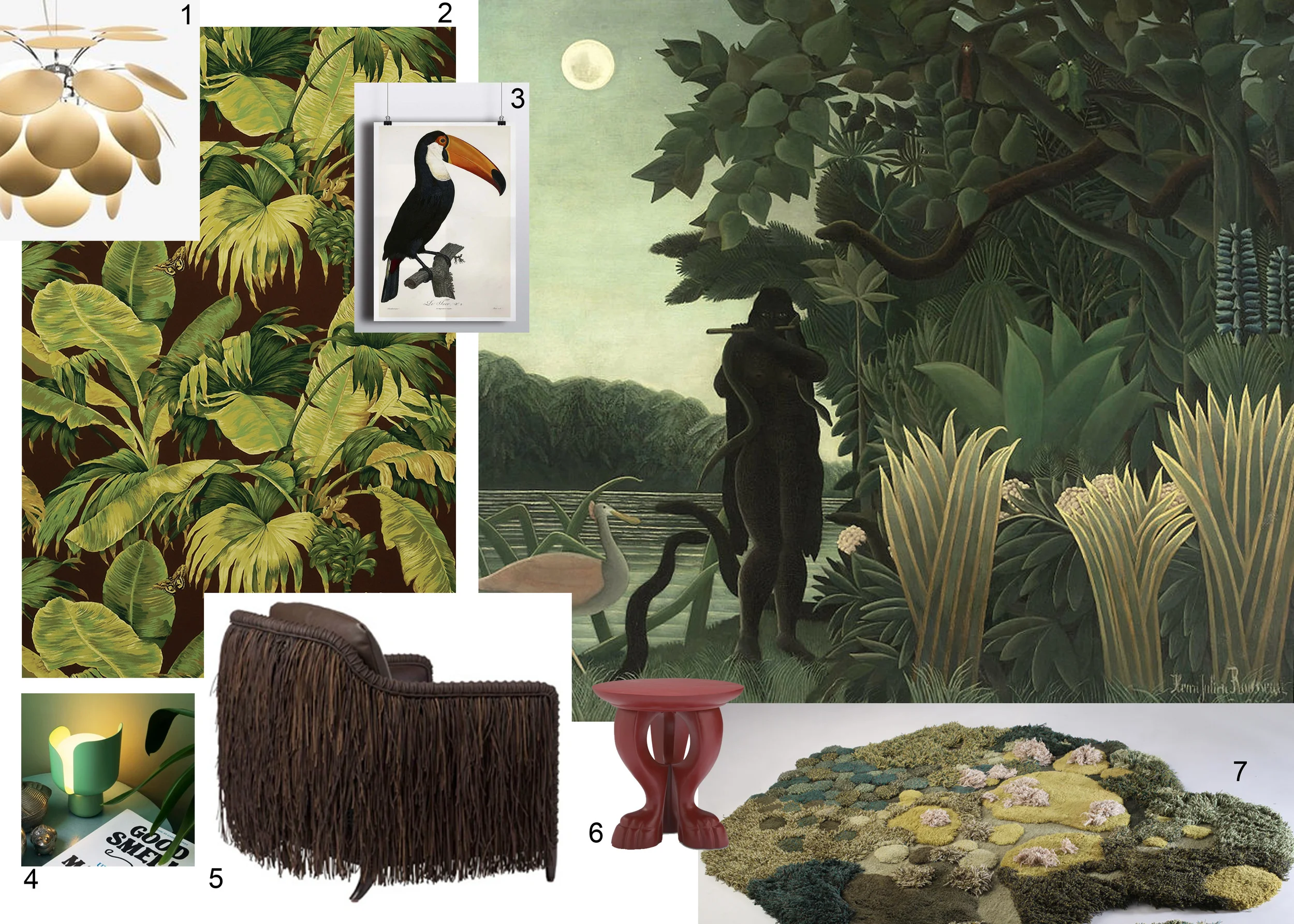 Painting: Henri Rousseau - The Snake Charmer 1907 - 1. Marset - 2. Pierre Frey - 3. Etsy - The Black Vinyl - 4. Fontana Arte - 5. Baker - 6. McGuire - 7. Alexandra Kehayoglou 