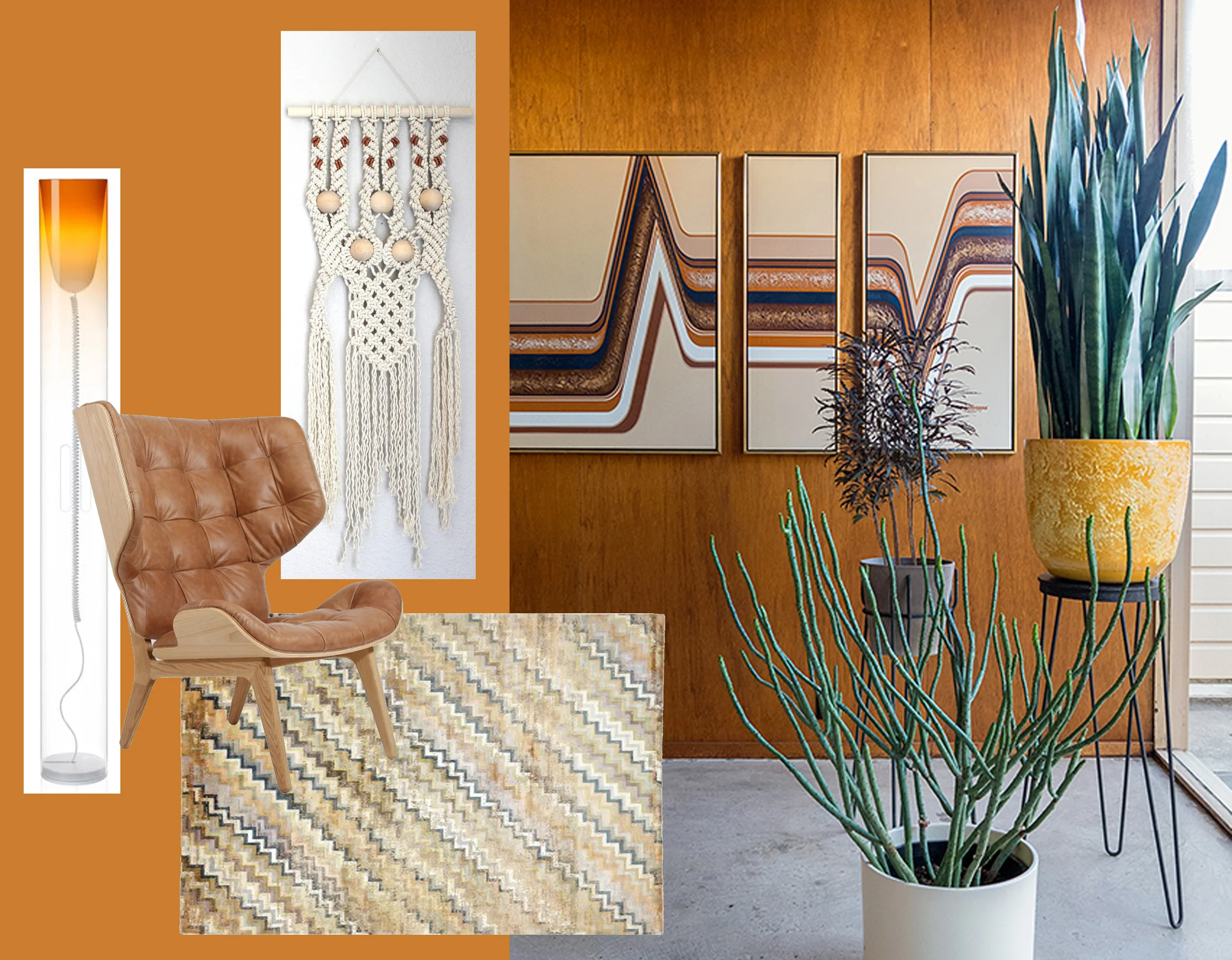 Toobe floor lamp Kartell - Mammoth chair Norr 11 - Prism rug ABC Home - wallhanging macrame Himoart - vintage inspired home found on Design Sponge 